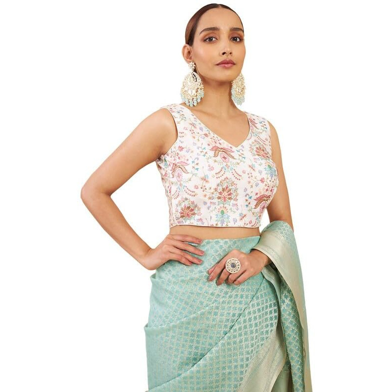 Soch Women Cream Art Silk Sleeveless Blouse With Embroidery And Floral Designs