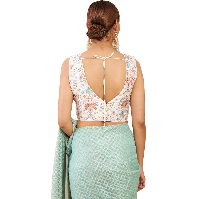 Soch Women Cream Art Silk Sleeveless Blouse With Embroidery And Floral Designs