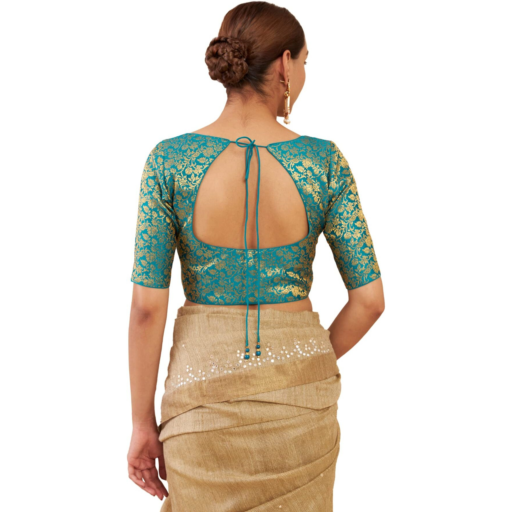 Soch Women Art Silk Half Sleeve Teal Blouse With Woven Floral Designs, 36