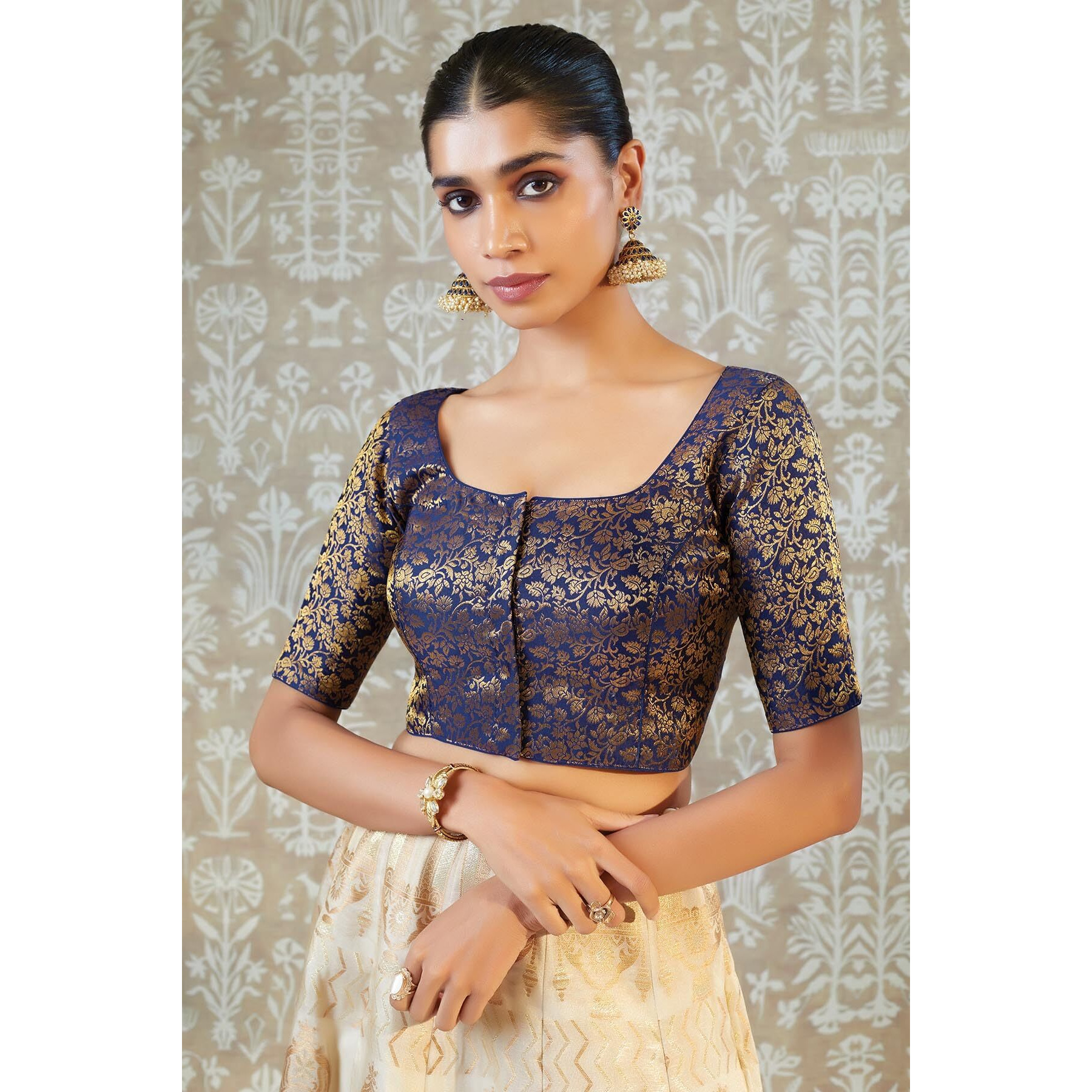 Soch Women's Art Silk Regular Fit Blouse With Woven Floral Designs, Navy Blue, 38