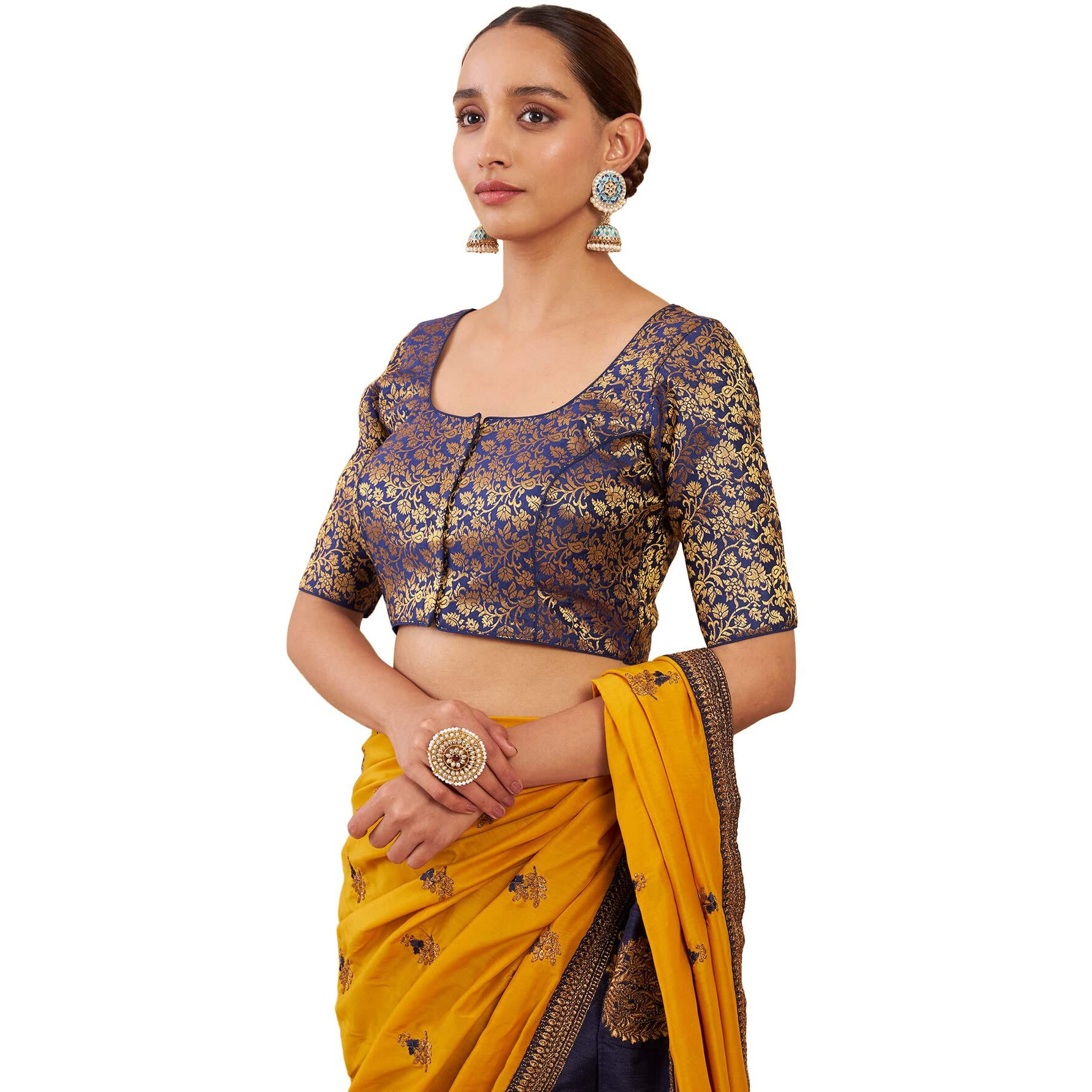 Soch Women's Art Silk Regular Fit Blouse With Woven Floral Designs, Navy Blue, 38