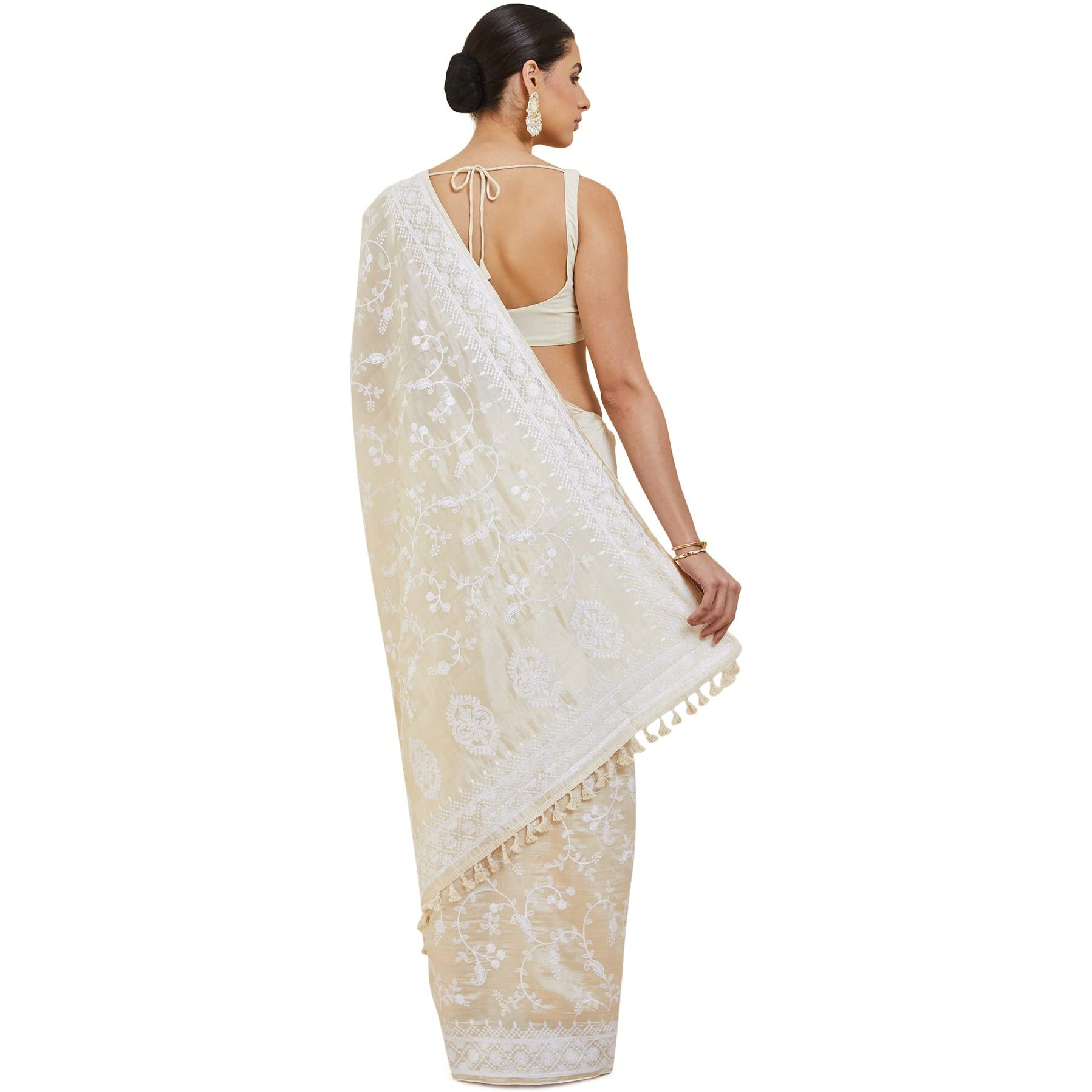 Soch Women Off-White Tussar Floral Saree With Attached Blouse
