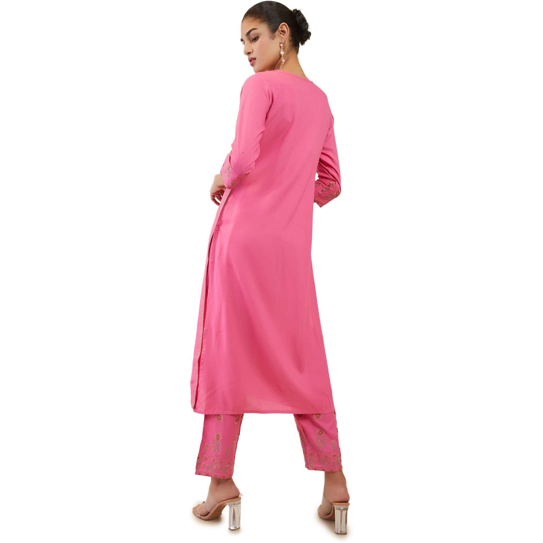 Soch Womens Blush Pink Rayon Floral Embroidered Kurta Set - Xl