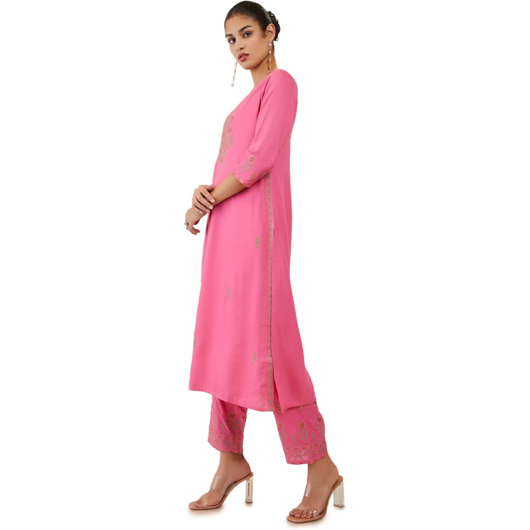 Soch Womens Blush Pink Rayon Floral Embroidered Kurta Set - Xl