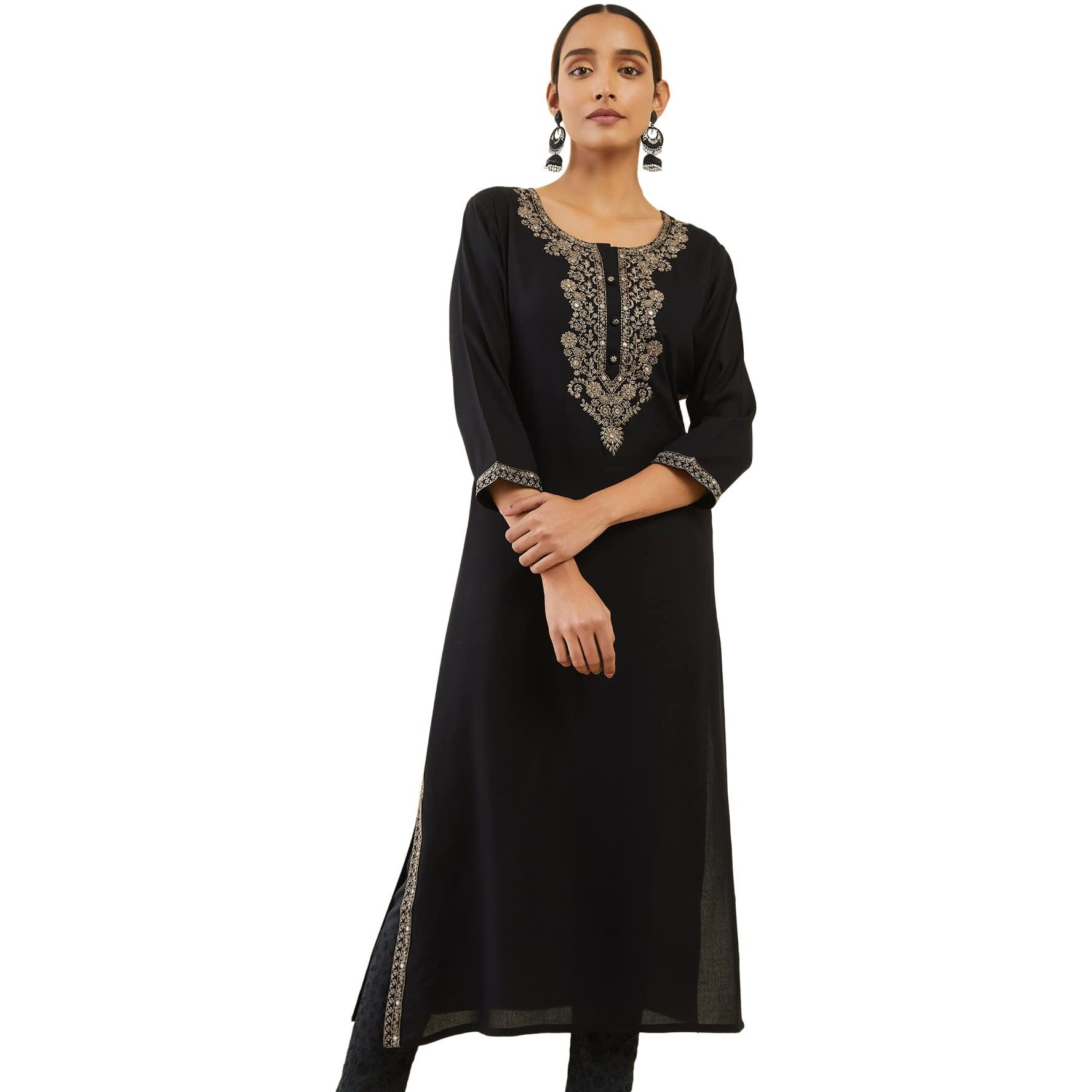 Soch Black Rayon Kurta With Floral Embroidery And Embellished Detailing