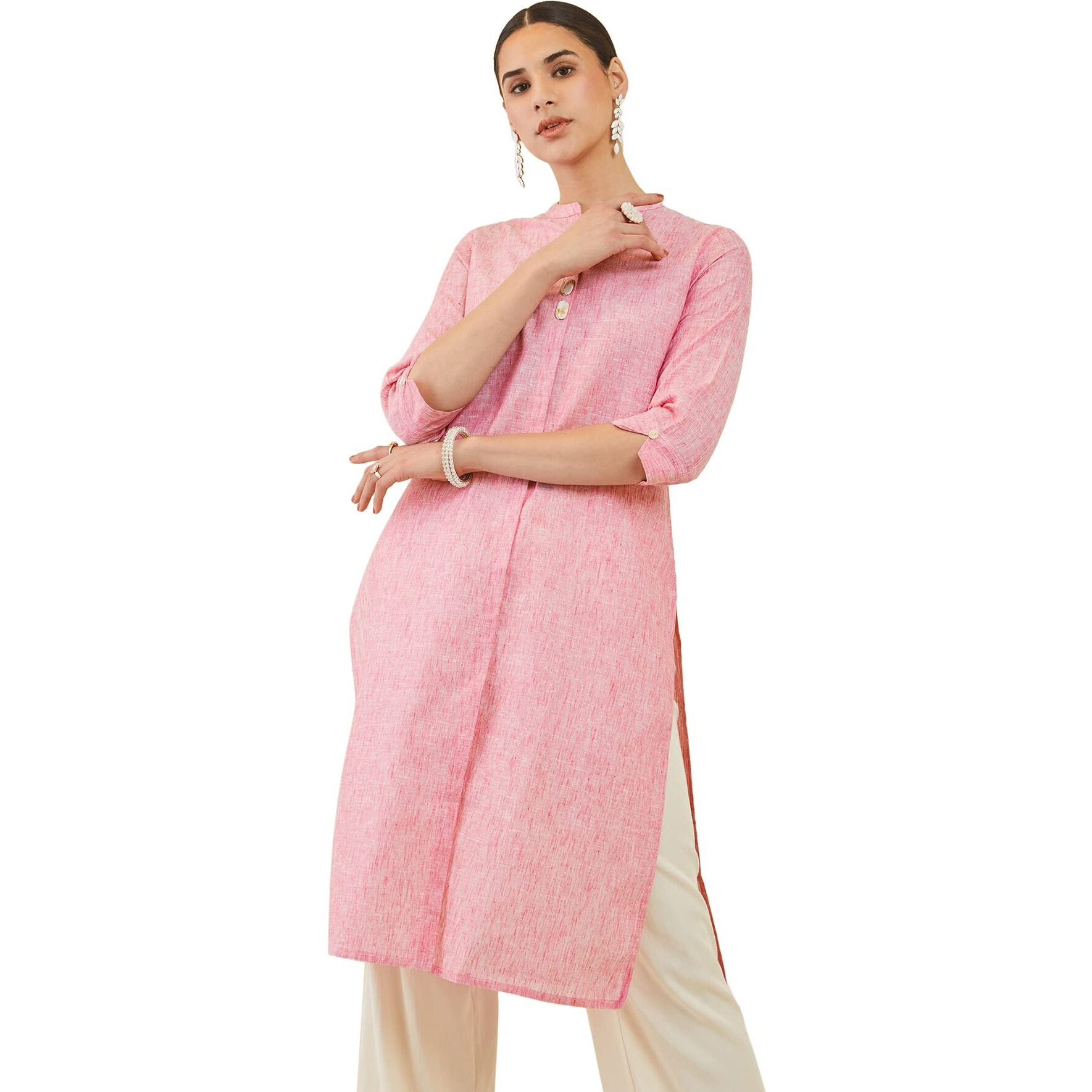 Soch Women Pink Linen Straight Kurta With Shell Button Embellishments(Pink_Xs)
