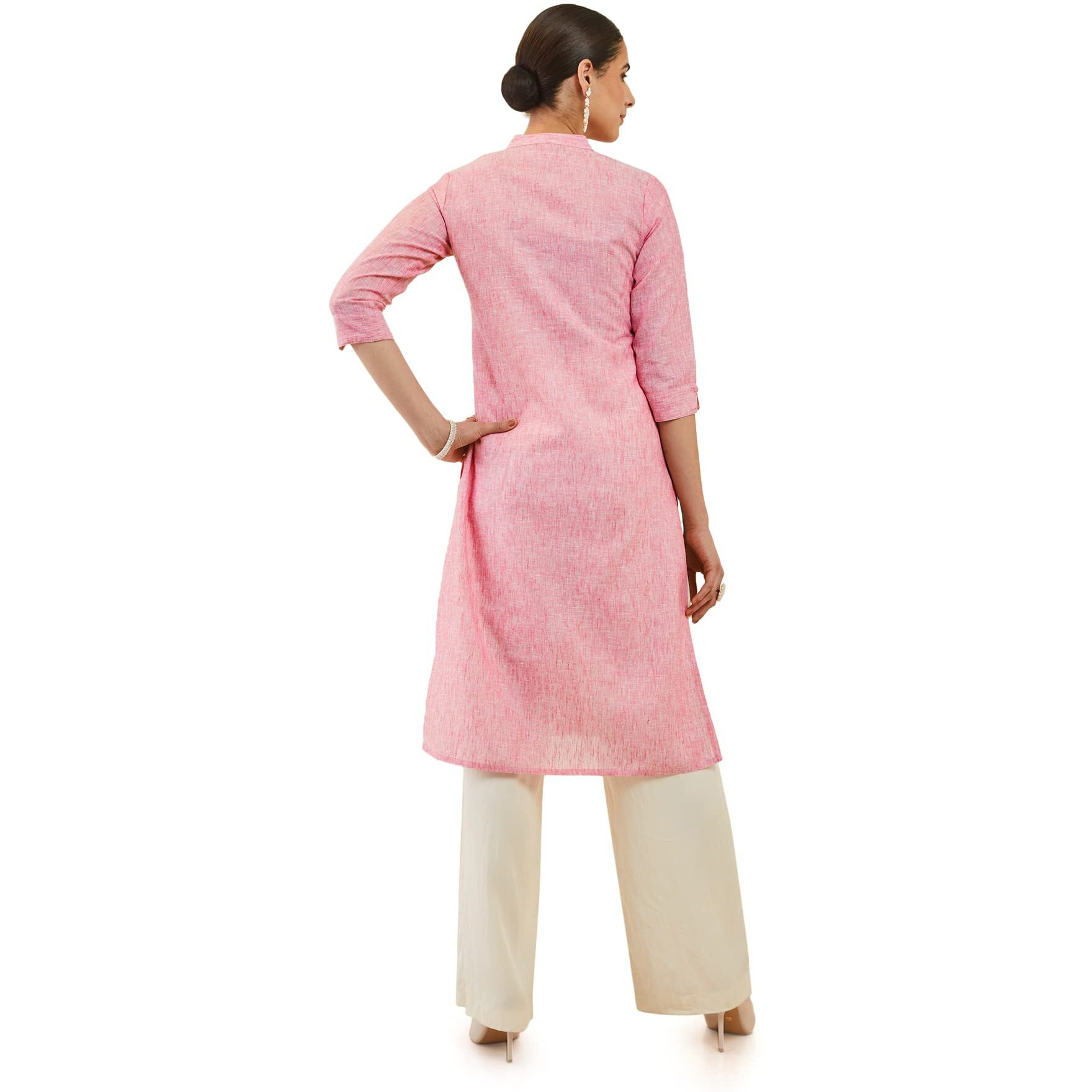 Soch Women Pink Linen Straight Kurta With Shell Button Embellishments(Pink_Xs)