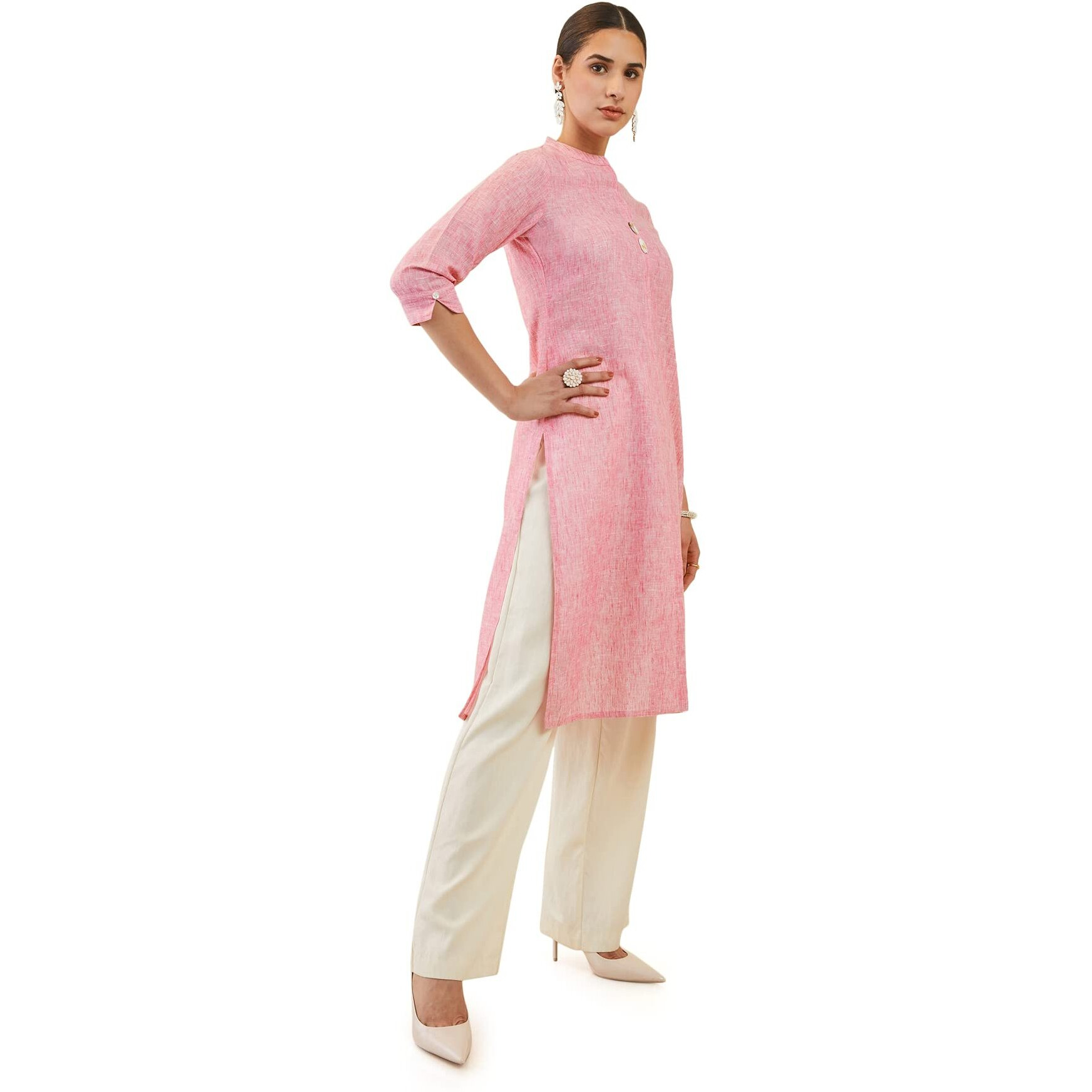 Soch Women Pink Linen Straight Kurta With Shell Button Embellishments(Pink_Xs)