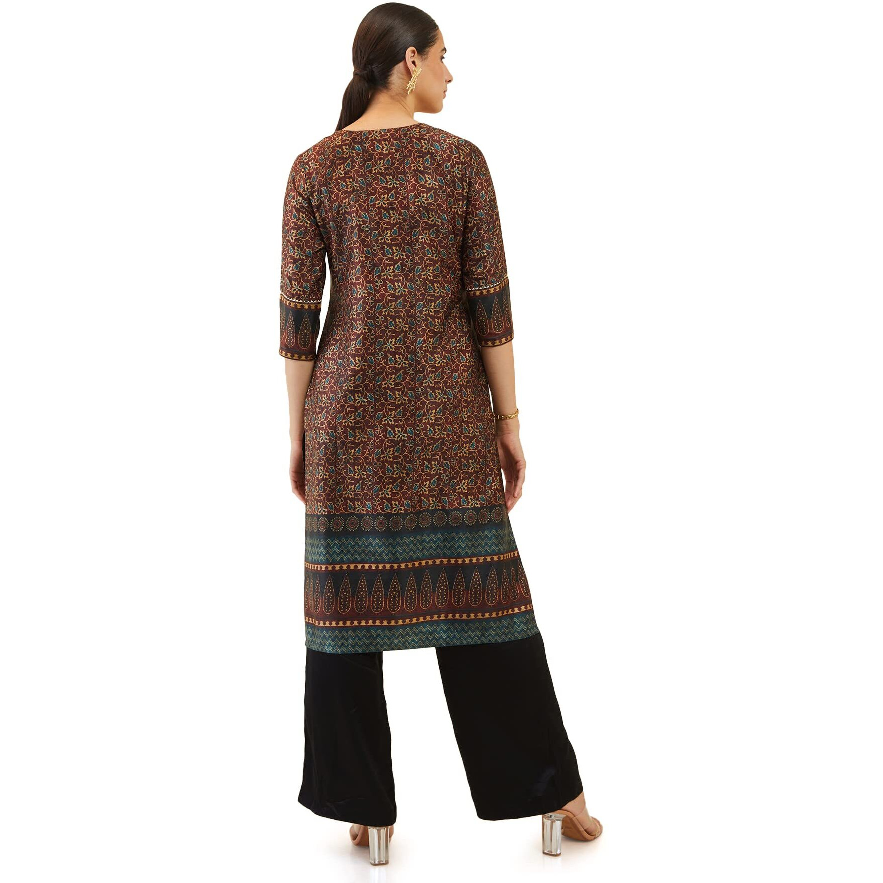 Soch Women Brown Satin Printed Kurta With Tassels And Gota Patti(Brown_Xs)