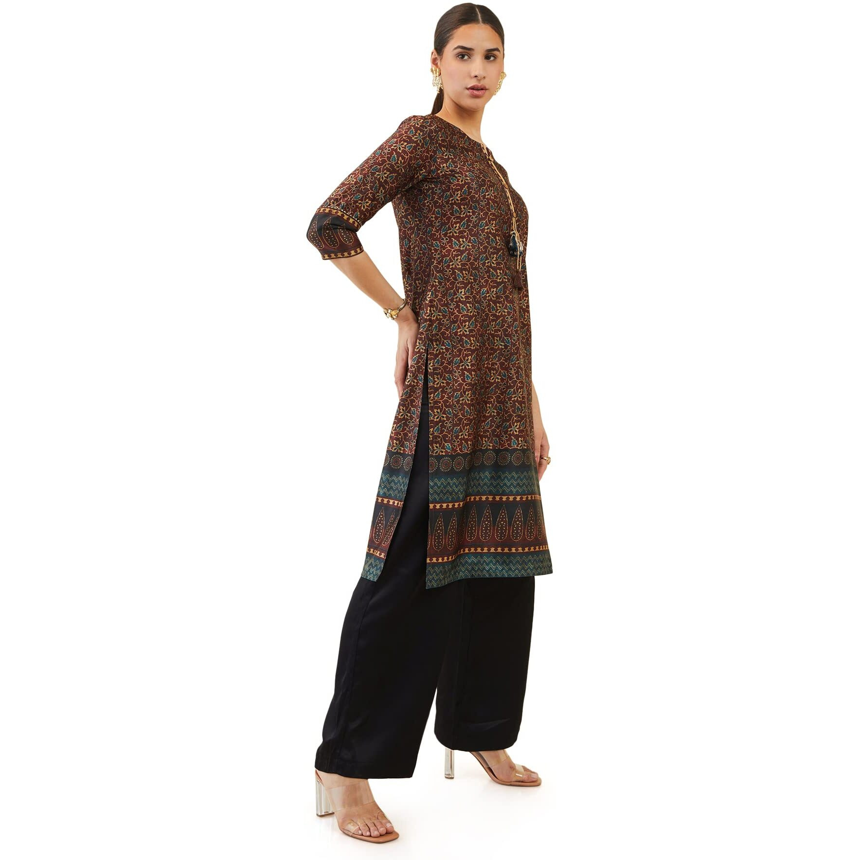 Soch Women Brown Satin Printed Kurta With Tassels And Gota Patti(Brown_Xs)