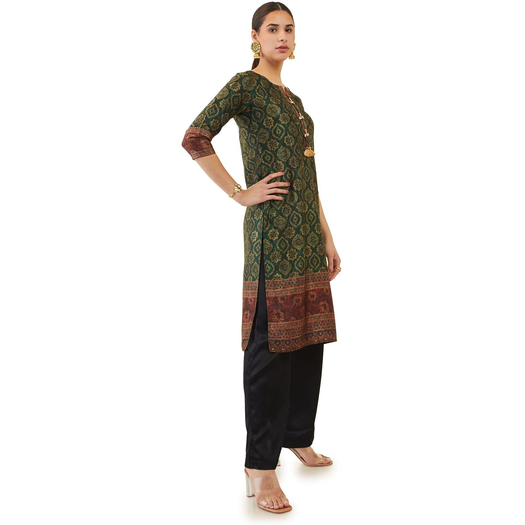 Soch Women Green Satin Printed Kurta(8907715772777_Green_Xs)