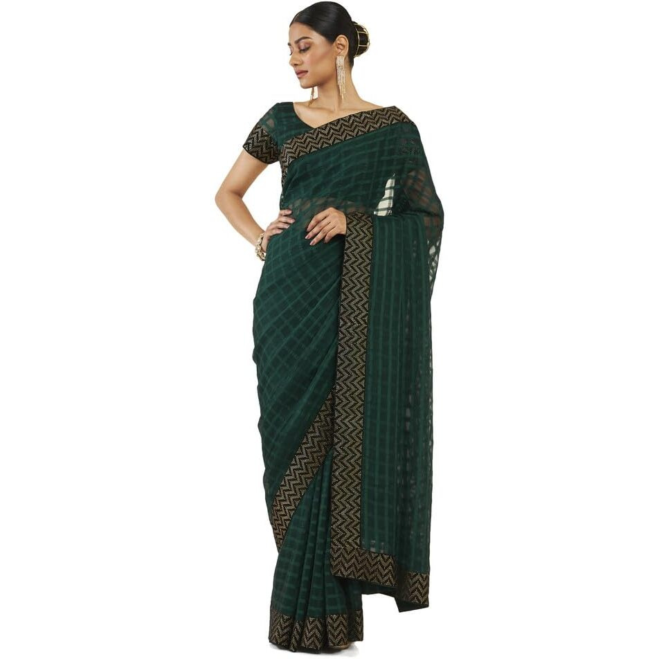 Soch Women Green Silk Checkered Saree (8907715832327_Green_Fs)