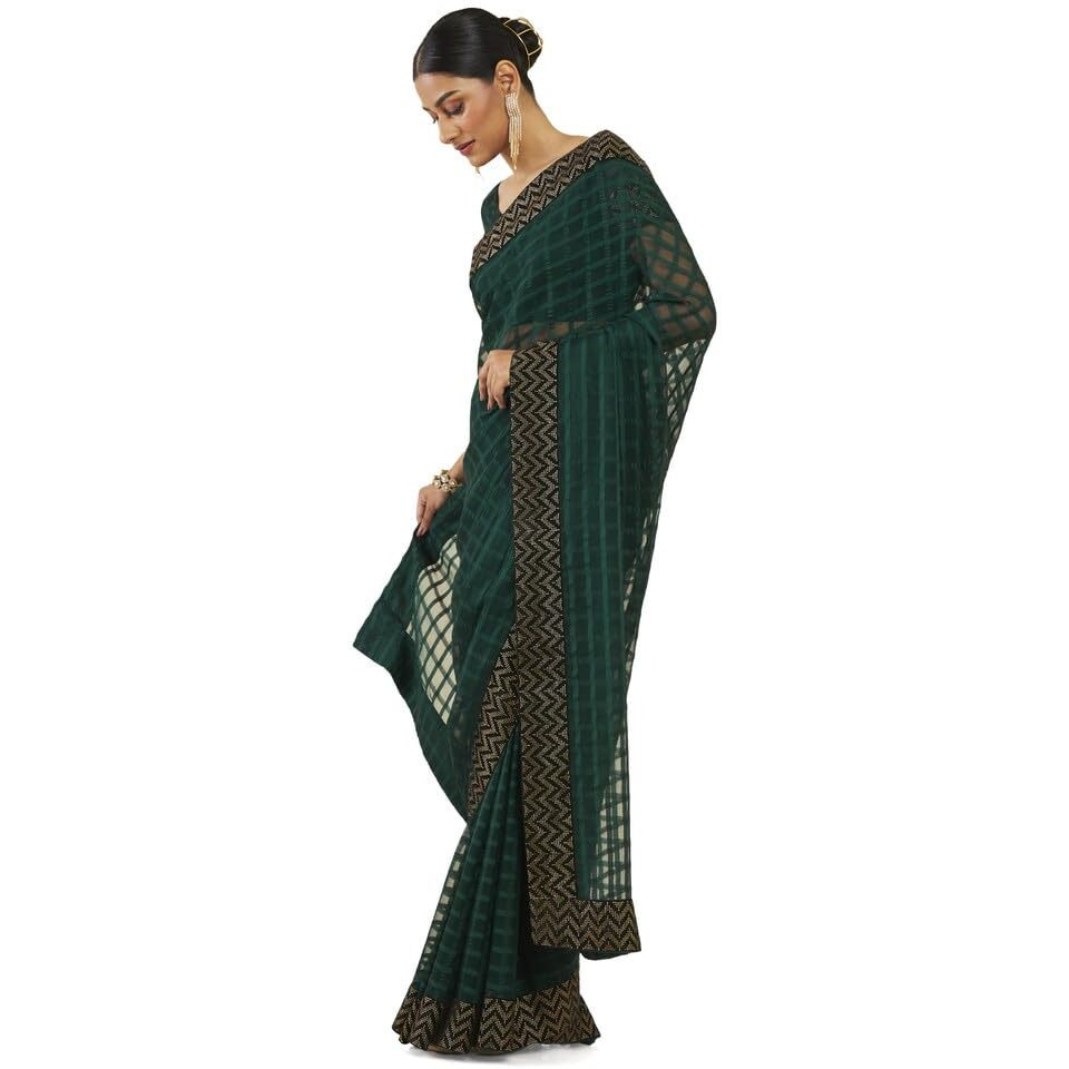 Soch Women Green Silk Checkered Saree (8907715832327_Green_Fs)