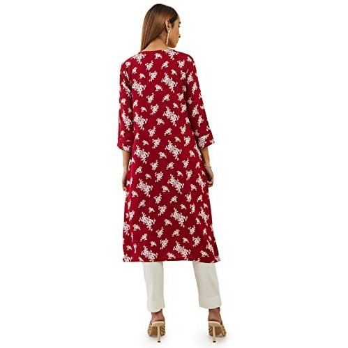 Maroon Rayon Straight Kurta With Floral Block Print