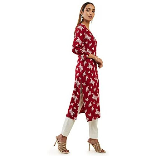 Maroon Rayon Straight Kurta With Floral Block Print