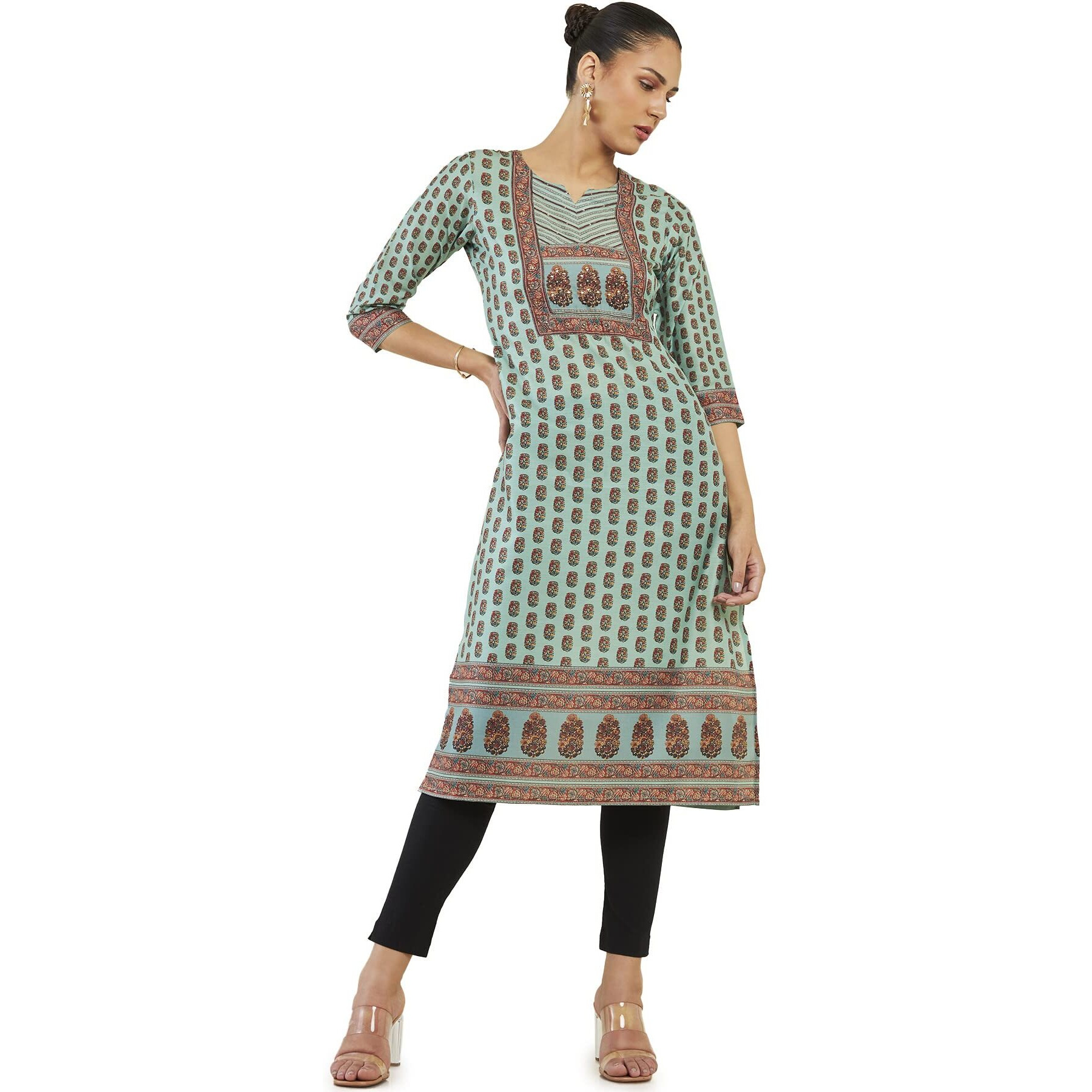 Soch Women Green Polyester Block Print Kurta(8907715866230_Green_S)