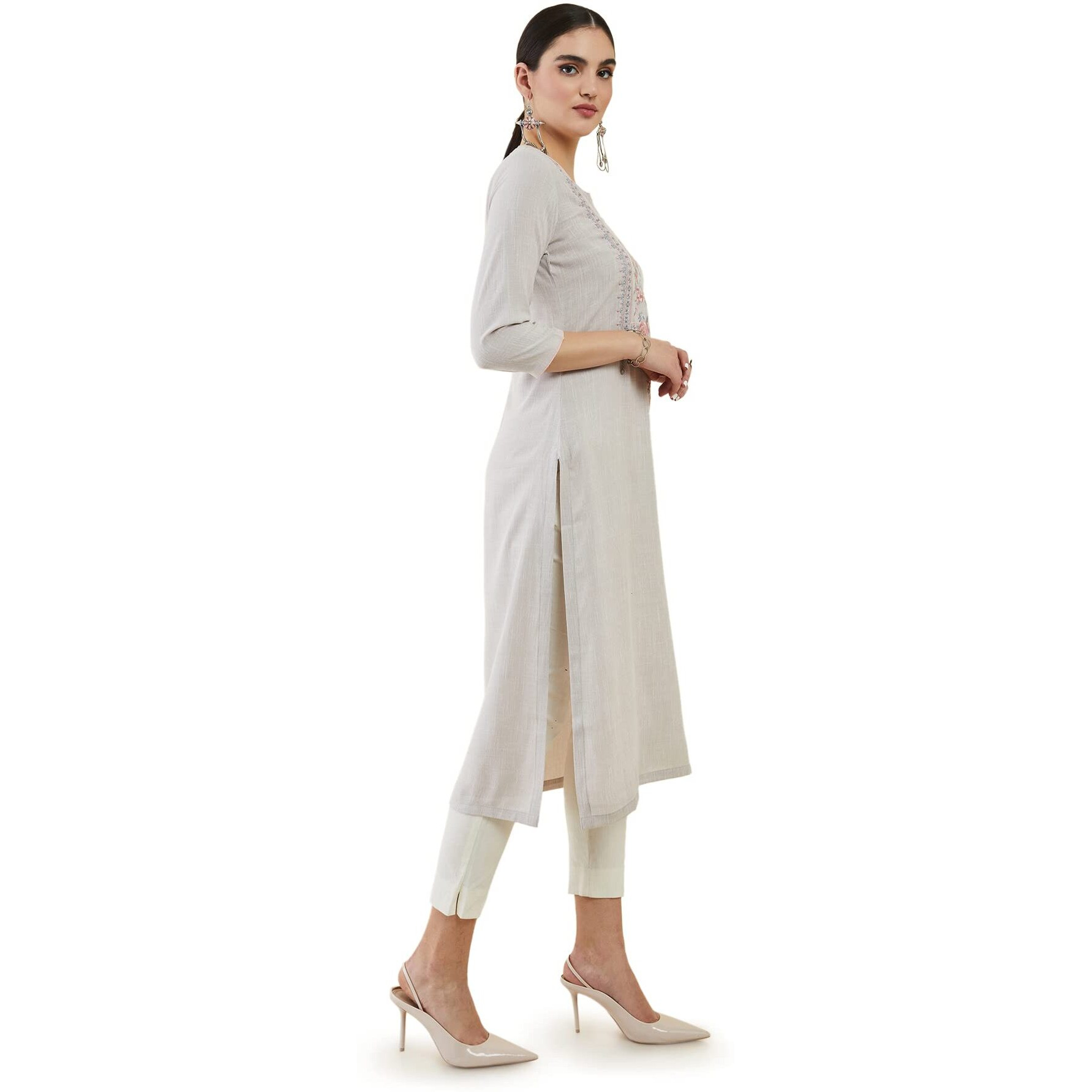 Soch Grey Rayon Straight Kurta With Floral Embroidered Designs
