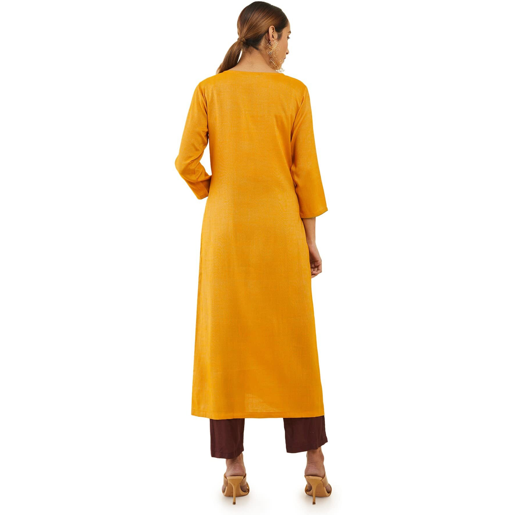 Soch Mustard Rayon Straight Kurta With Floral Embroidered Designs