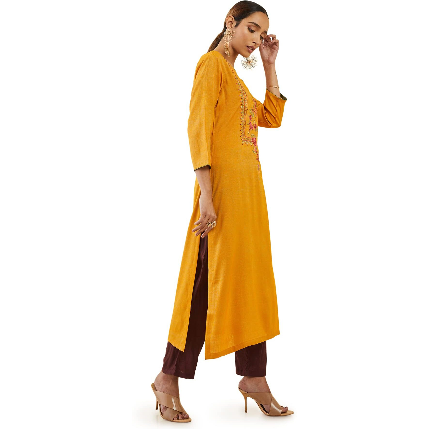 Soch Mustard Rayon Straight Kurta With Floral Embroidered Designs