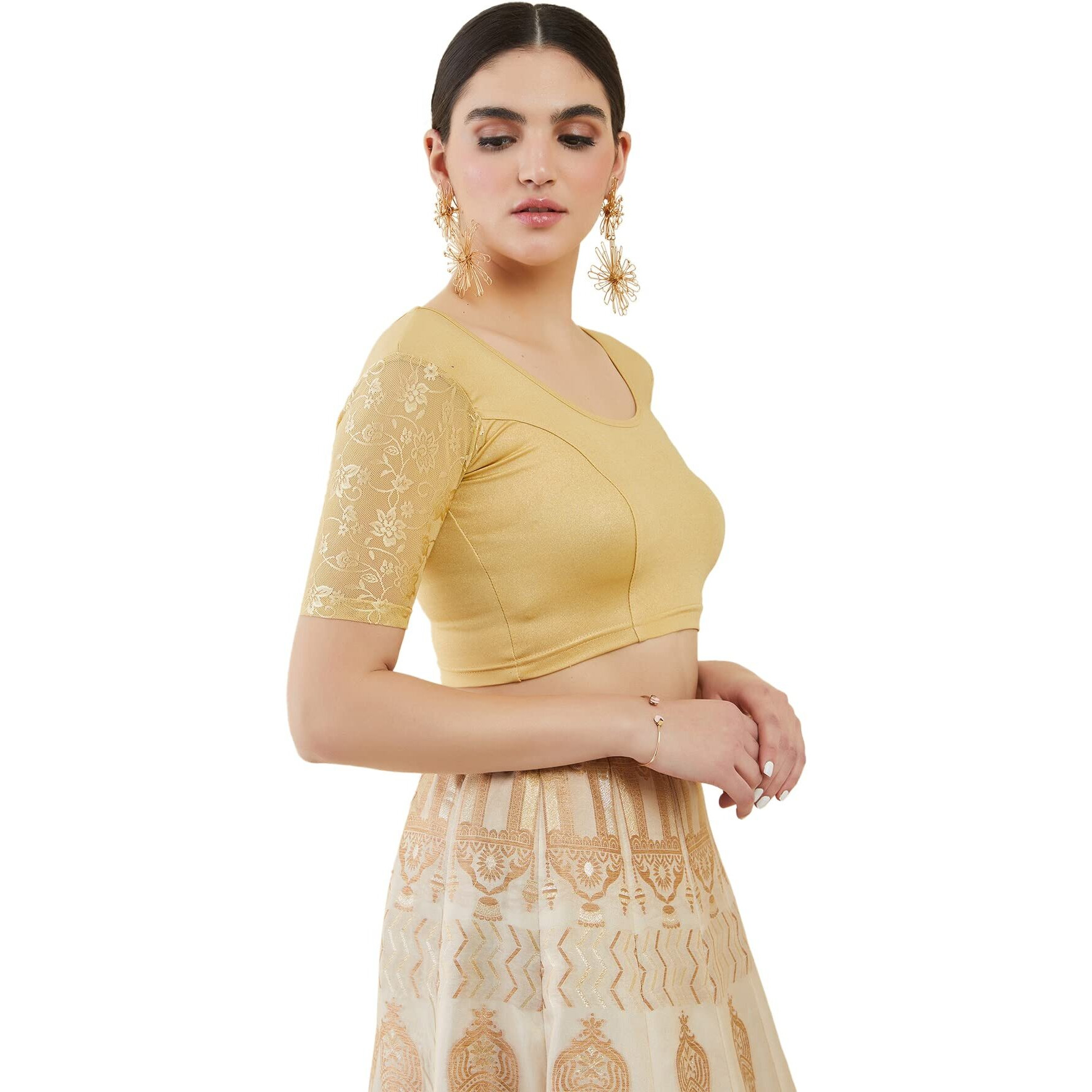 Soch Gold Spandex Princess Cut Blouse With Floral Sleeves