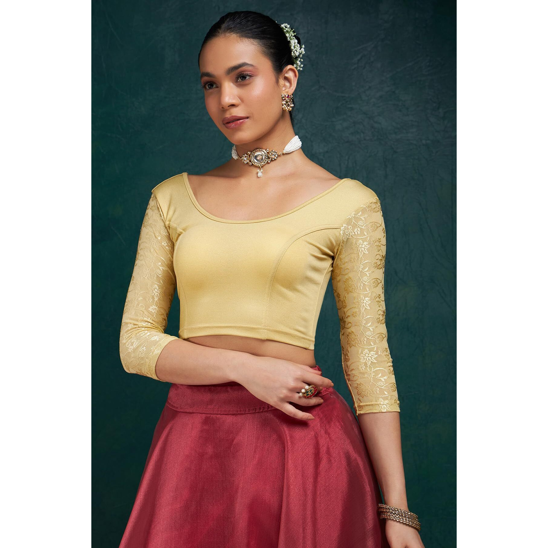 Soch Gold Spandex Prince Cut Blouse With Floral Sleeves