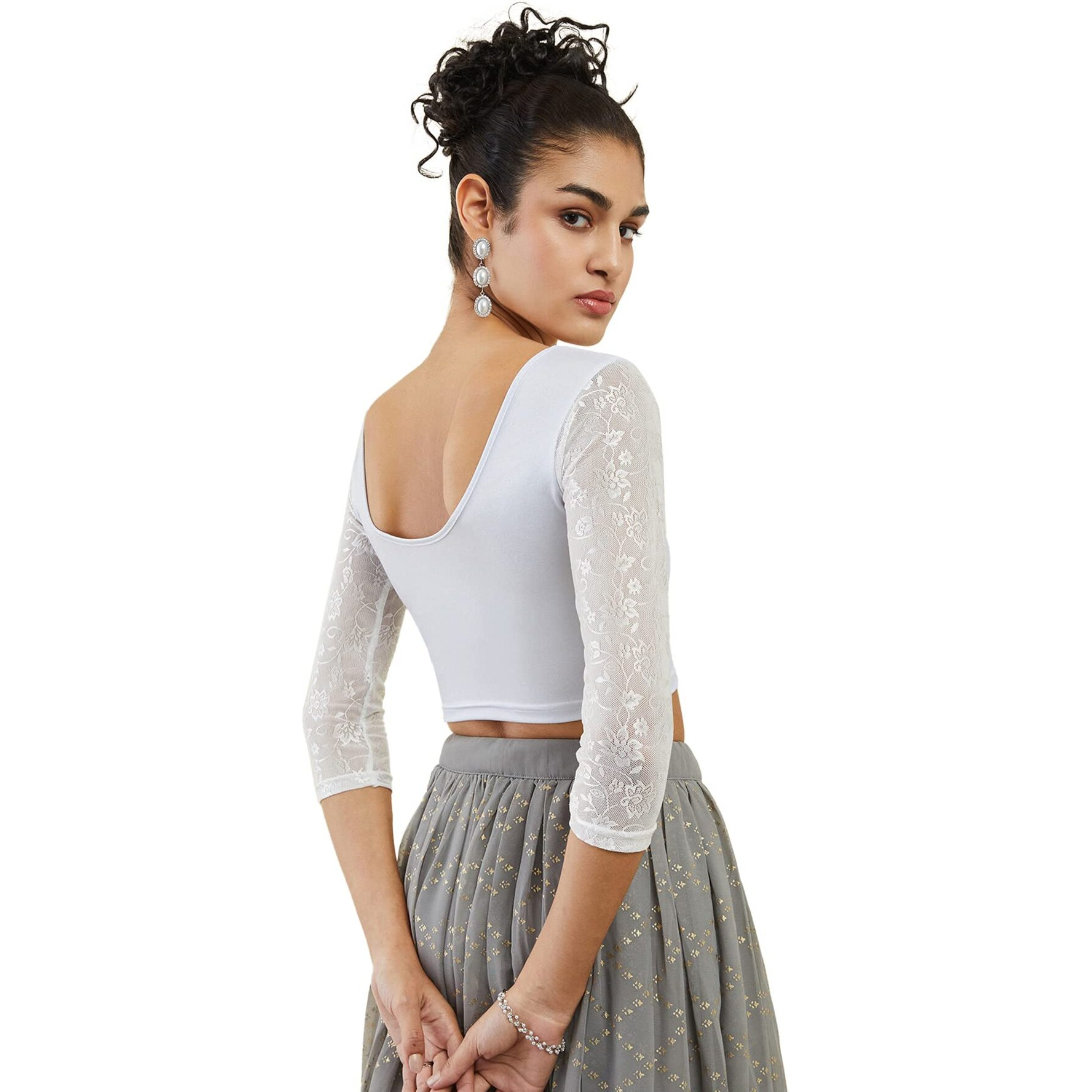 Soch Silver Spandex Prince Cut Blouse With Floral Sleeves
