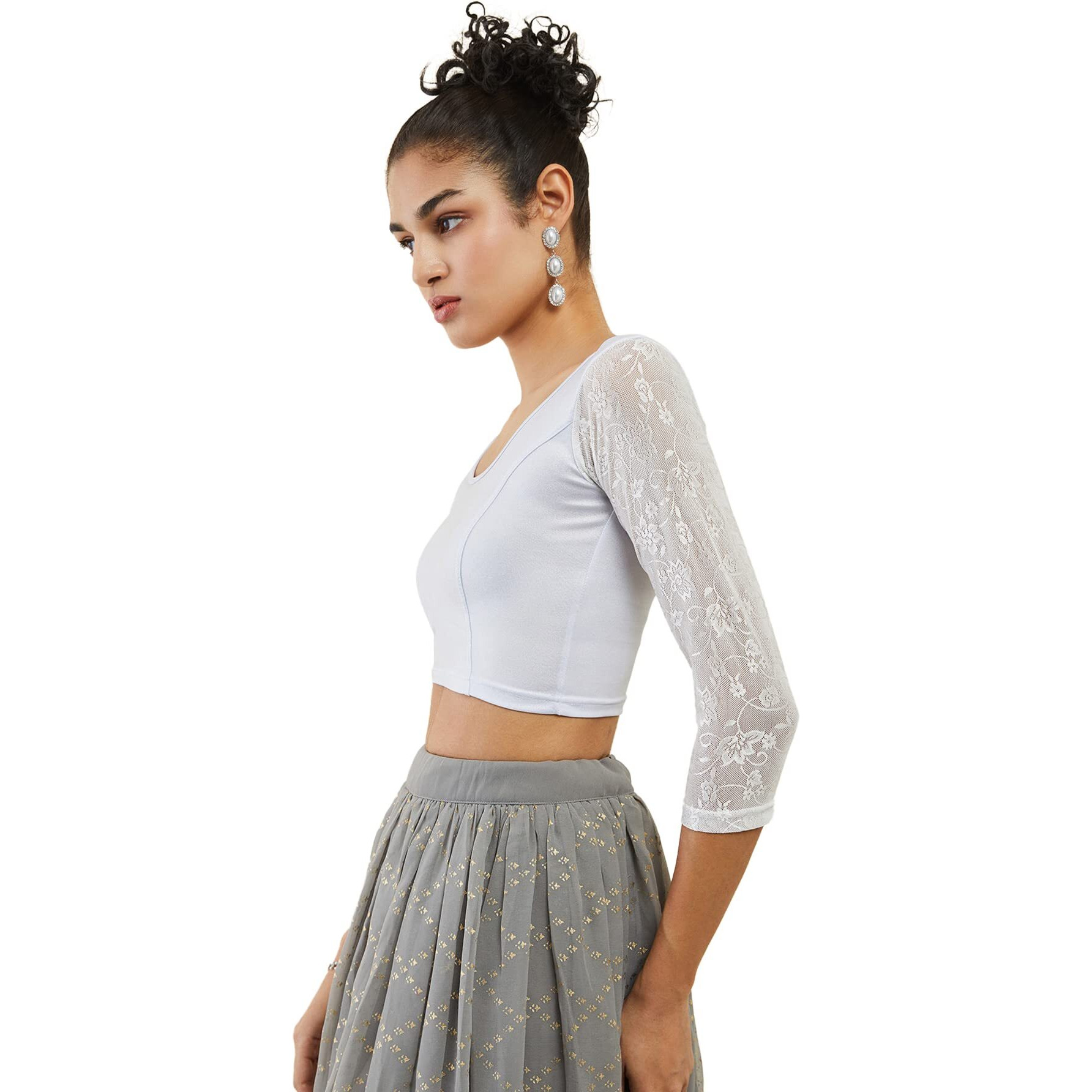 Soch Silver Spandex Prince Cut Blouse With Floral Sleeves