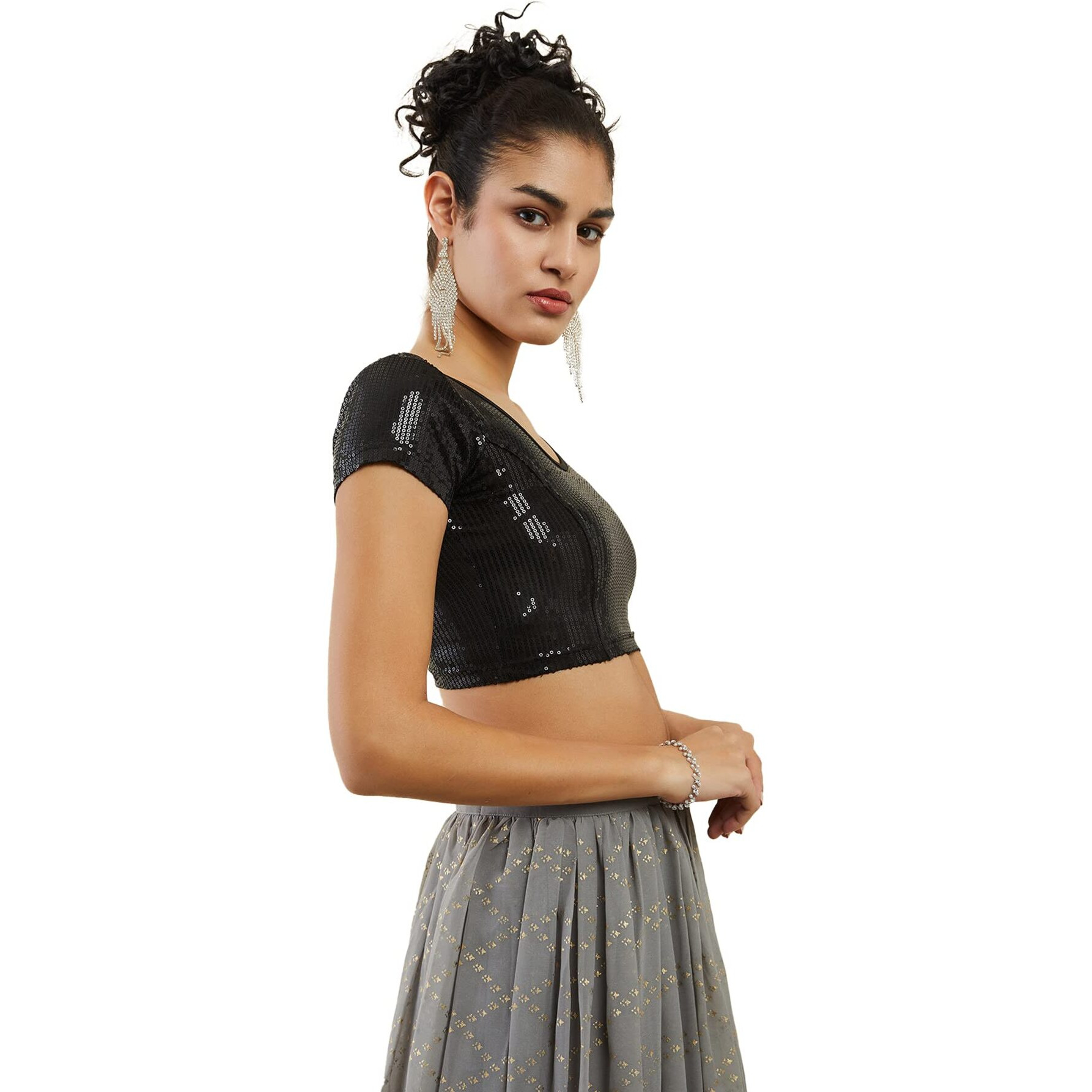 Soch Womens Black Cotton Hosiery Sequinned Blouse