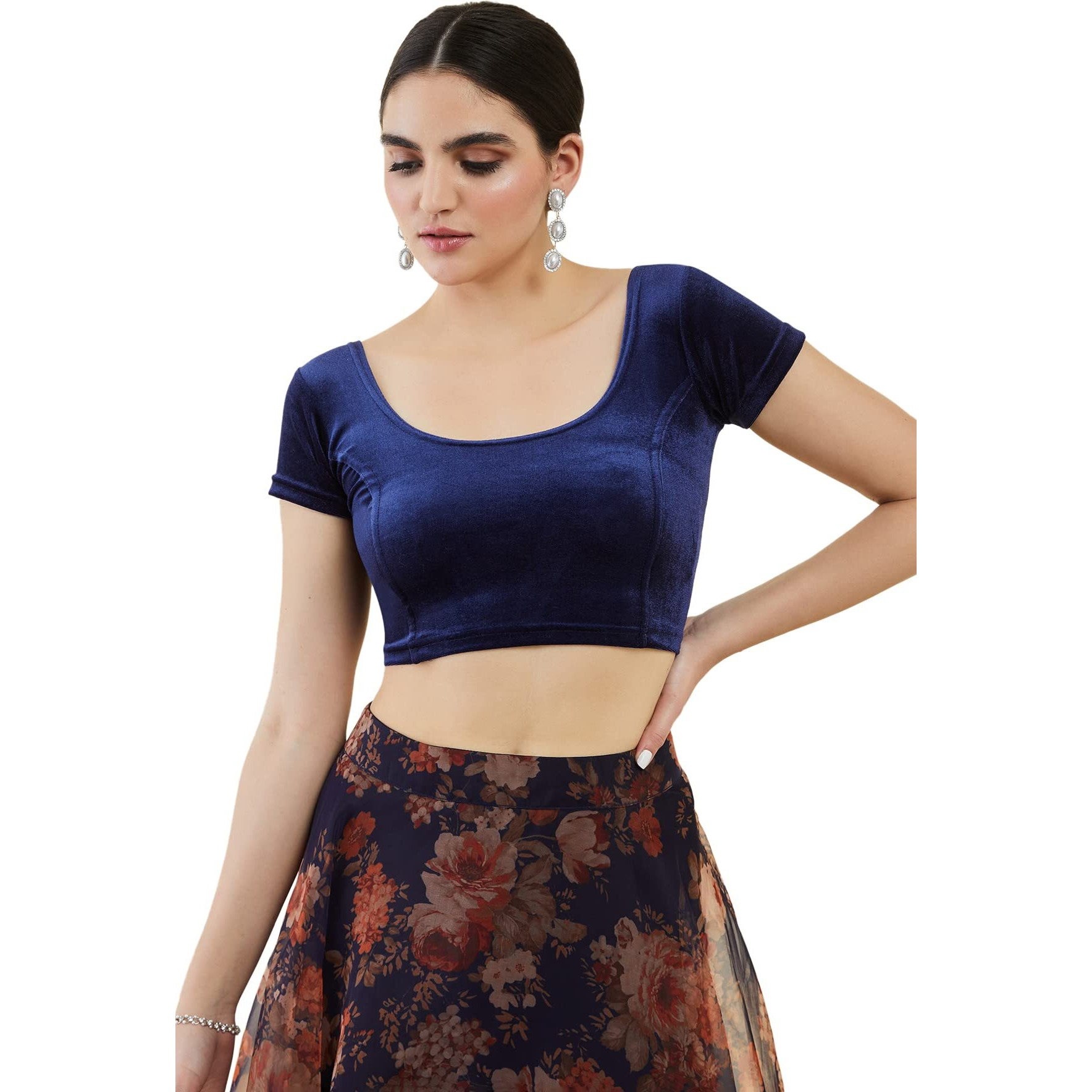 Soch Women Velvet Half Sleeve Navy Blue Princess Cut Blouse, 34