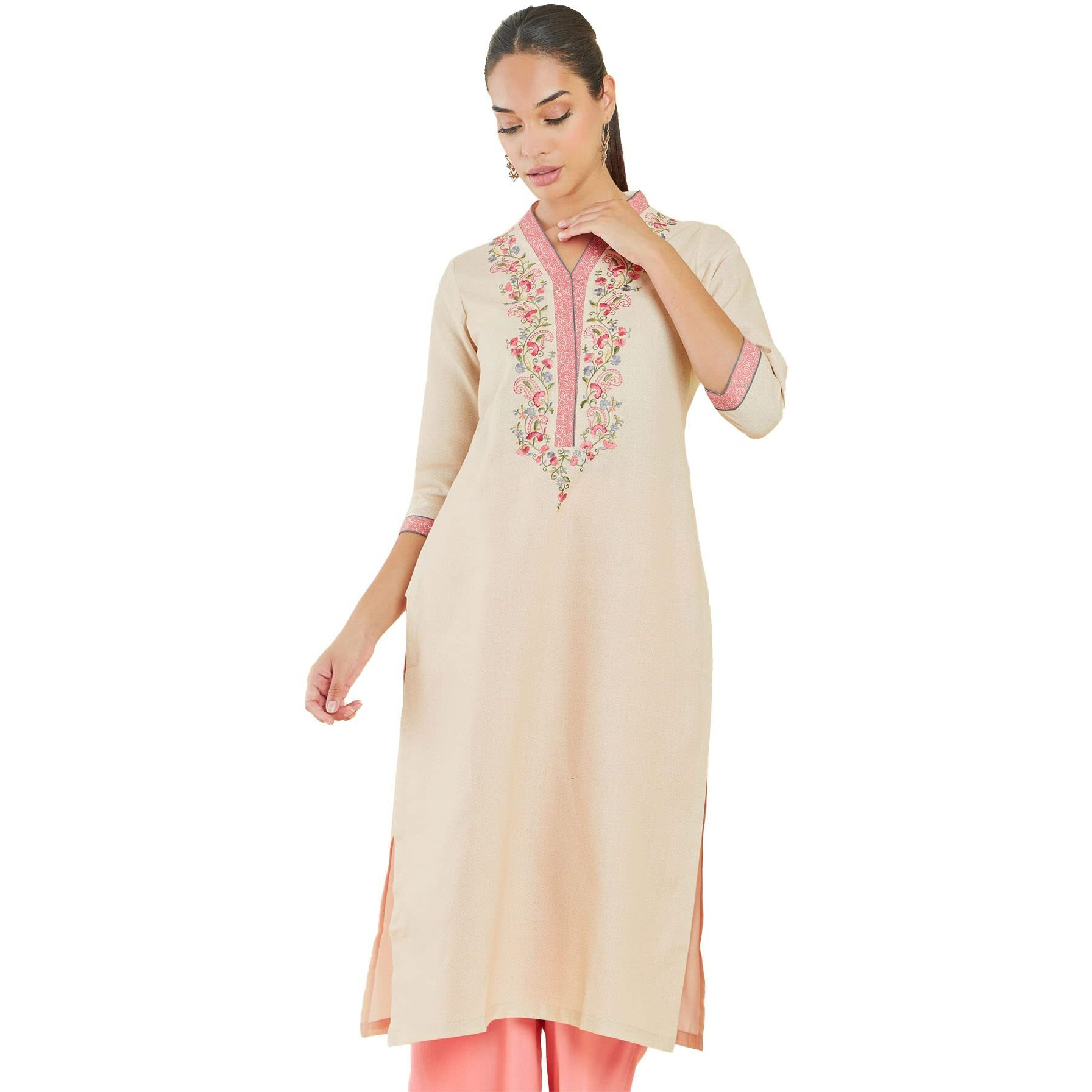 Soch Women Beige Rayon Embroidered Kurta(8907715917581_Beige_Xs)