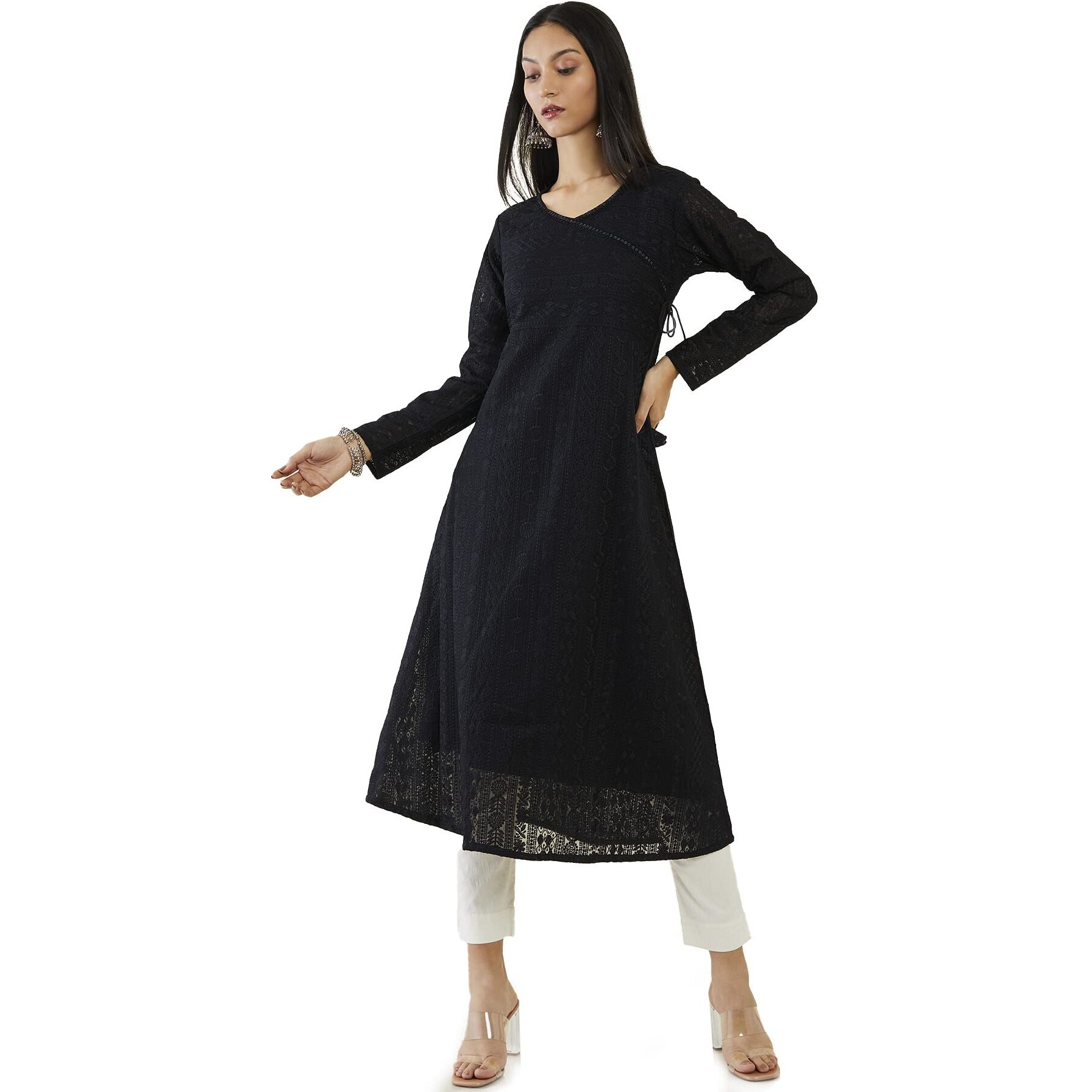 Soch Women Black Georgette Embroidered Kurta(Black_Xl)