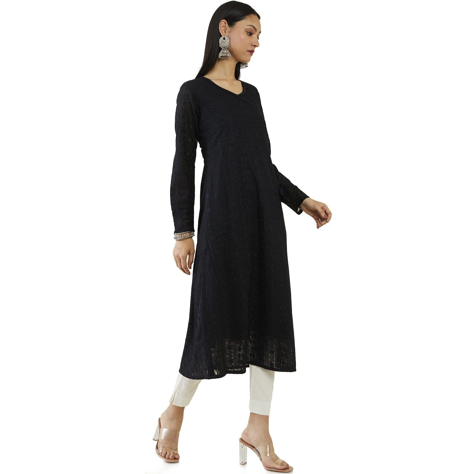 Soch Women Black Georgette Embroidered Kurta(Black_Xl)