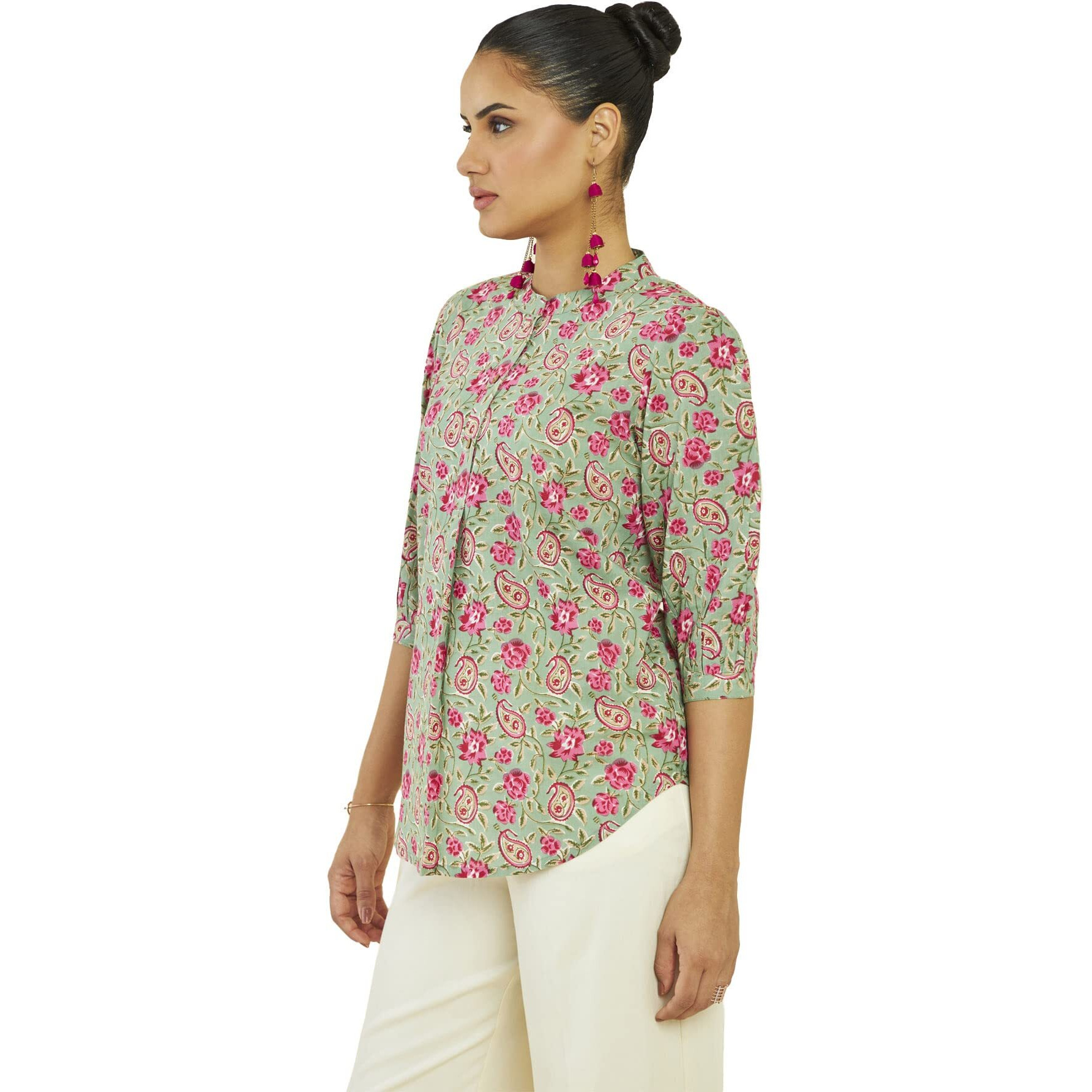 Soch Women Green Cotton Floral Tunic(8907715937022_Green_L)
