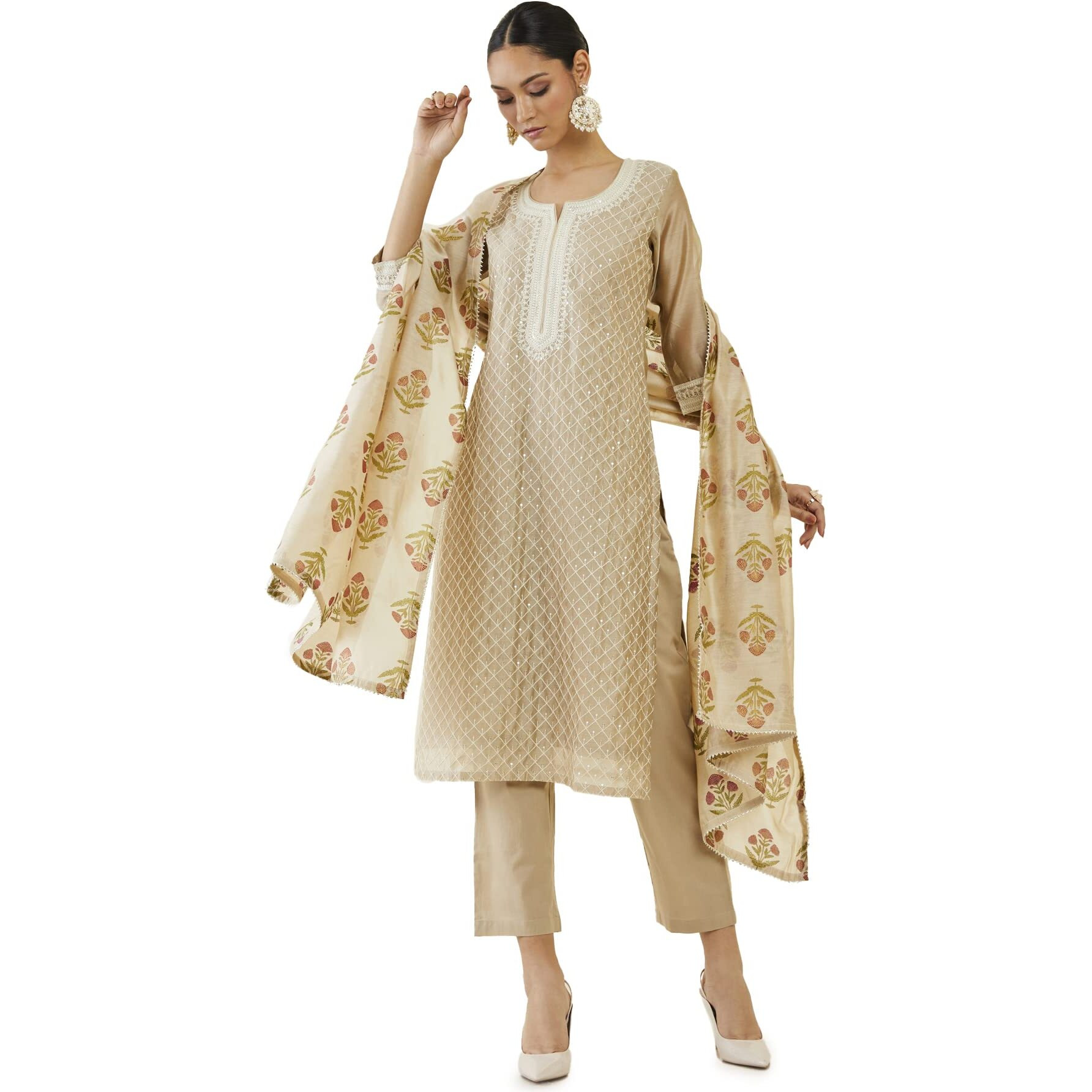 Soch Women Beige Chanderi Embroidered Suit Set(Beige_S)