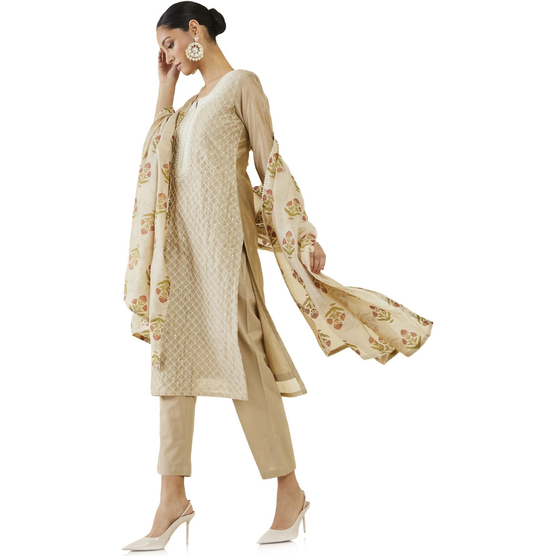 Soch Women Beige Chanderi Embroidered Suit Set(Beige_S)