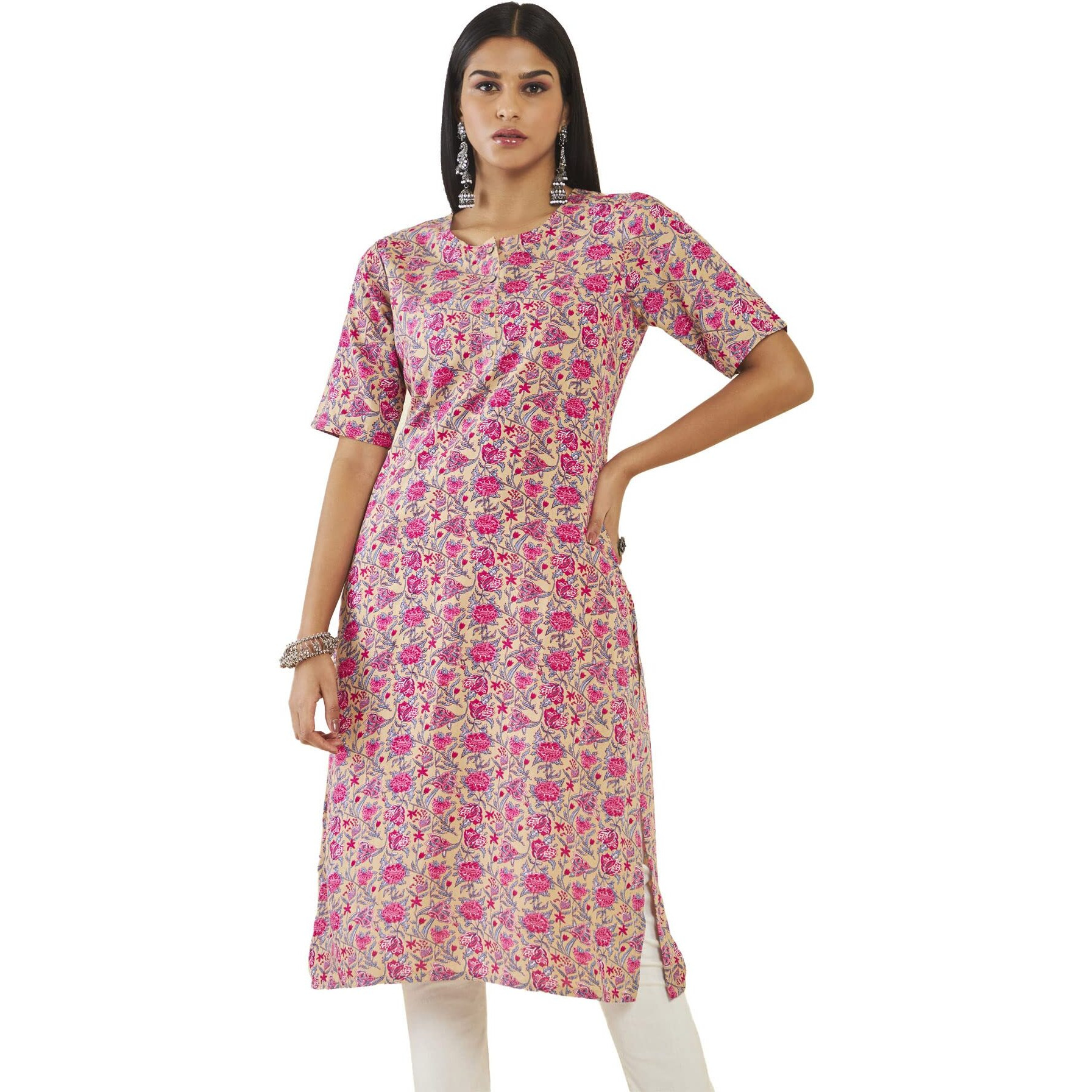 Soch Women Beige Rayon Floral Kurta (8907715970470_Beige_S)