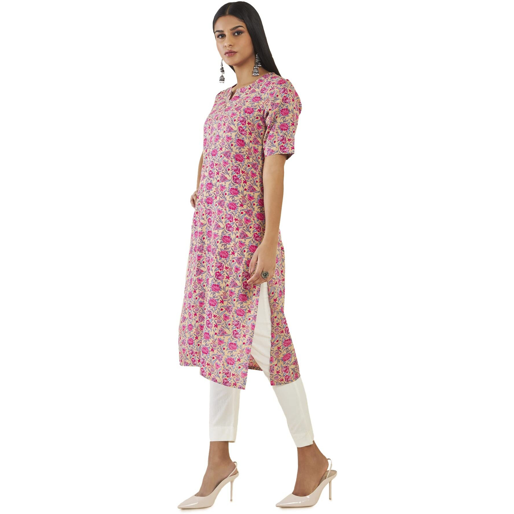 Soch Women Beige Rayon Floral Kurta (8907715970470_Beige_S)