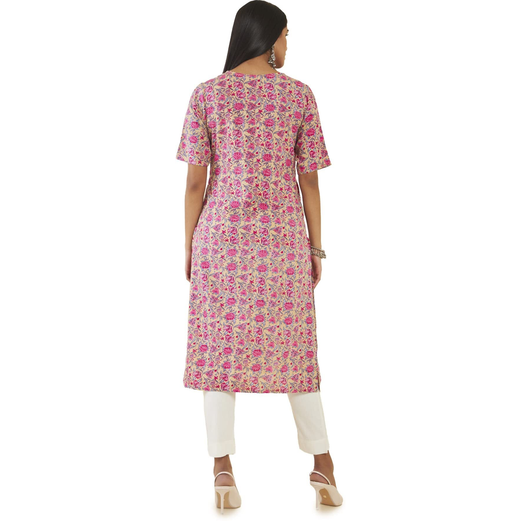 Soch Women Beige Rayon Floral Kurta (8907715970487_Beige_M)
