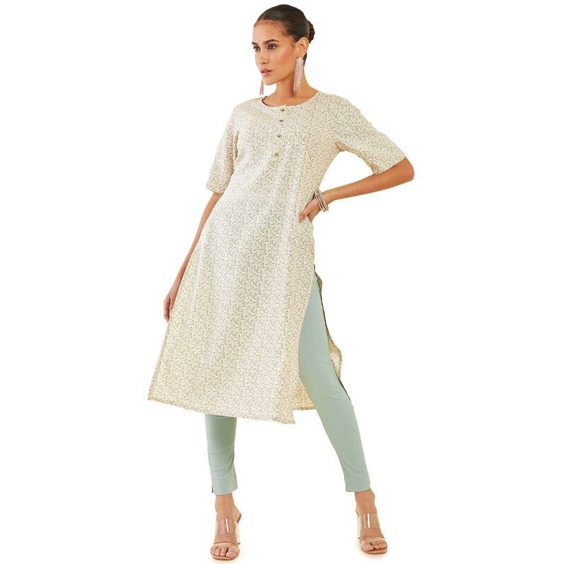 Soch Women Light Yellow Rayon Straight Kurta With Floral Print