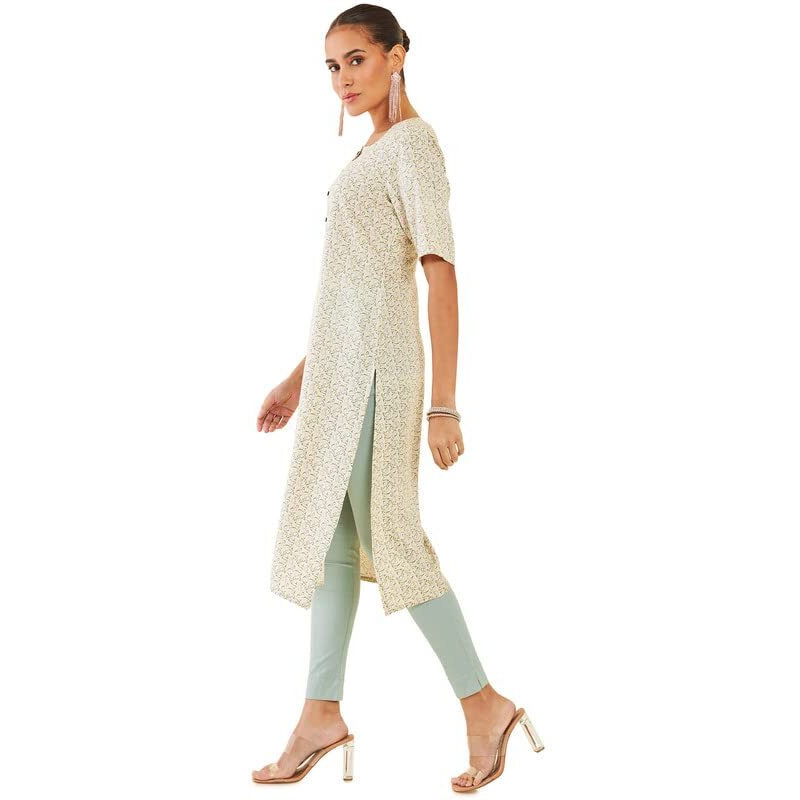 Soch Women Light Yellow Rayon Straight Kurta With Floral Print