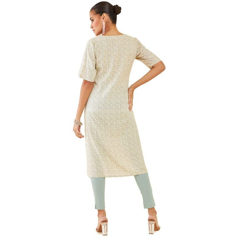 Soch Women Light Yellow Rayon Straight Kurta With Floral Print