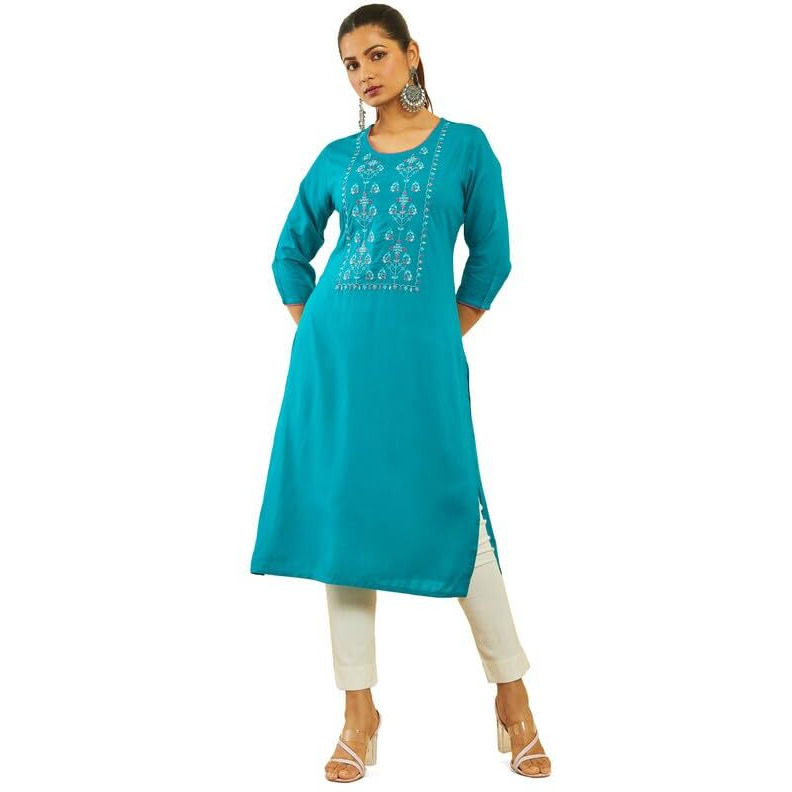 Soch Womens Turquoise Blue Rayon Slub Floral Embroidered Kurta With Contrast Piping