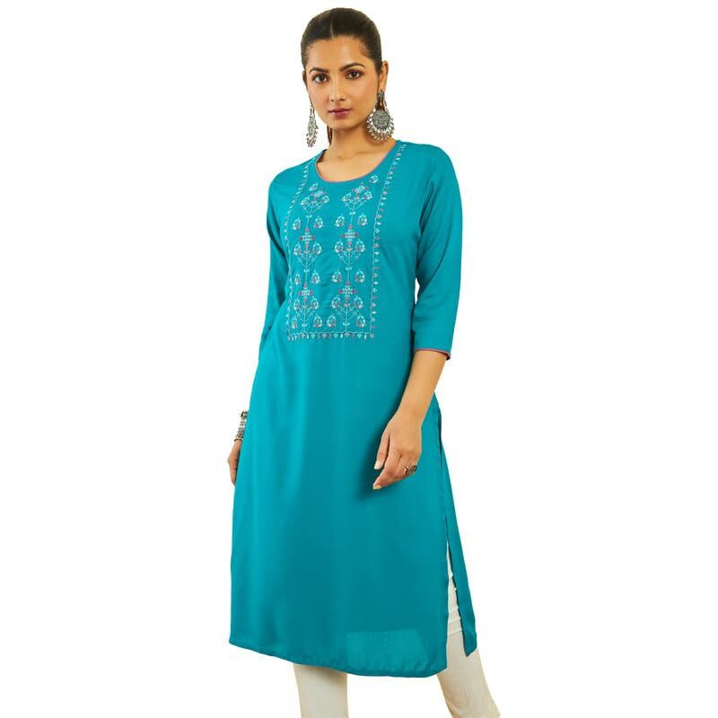 Soch Womens Turquoise Blue Rayon Slub Floral Embroidered Kurta With Contrast Piping