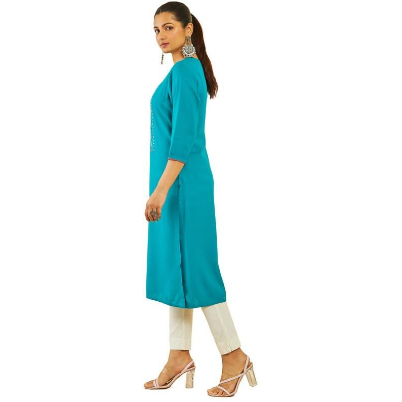 Soch Womens Turquoise Blue Rayon Slub Floral Embroidered Kurta With Contrast Piping