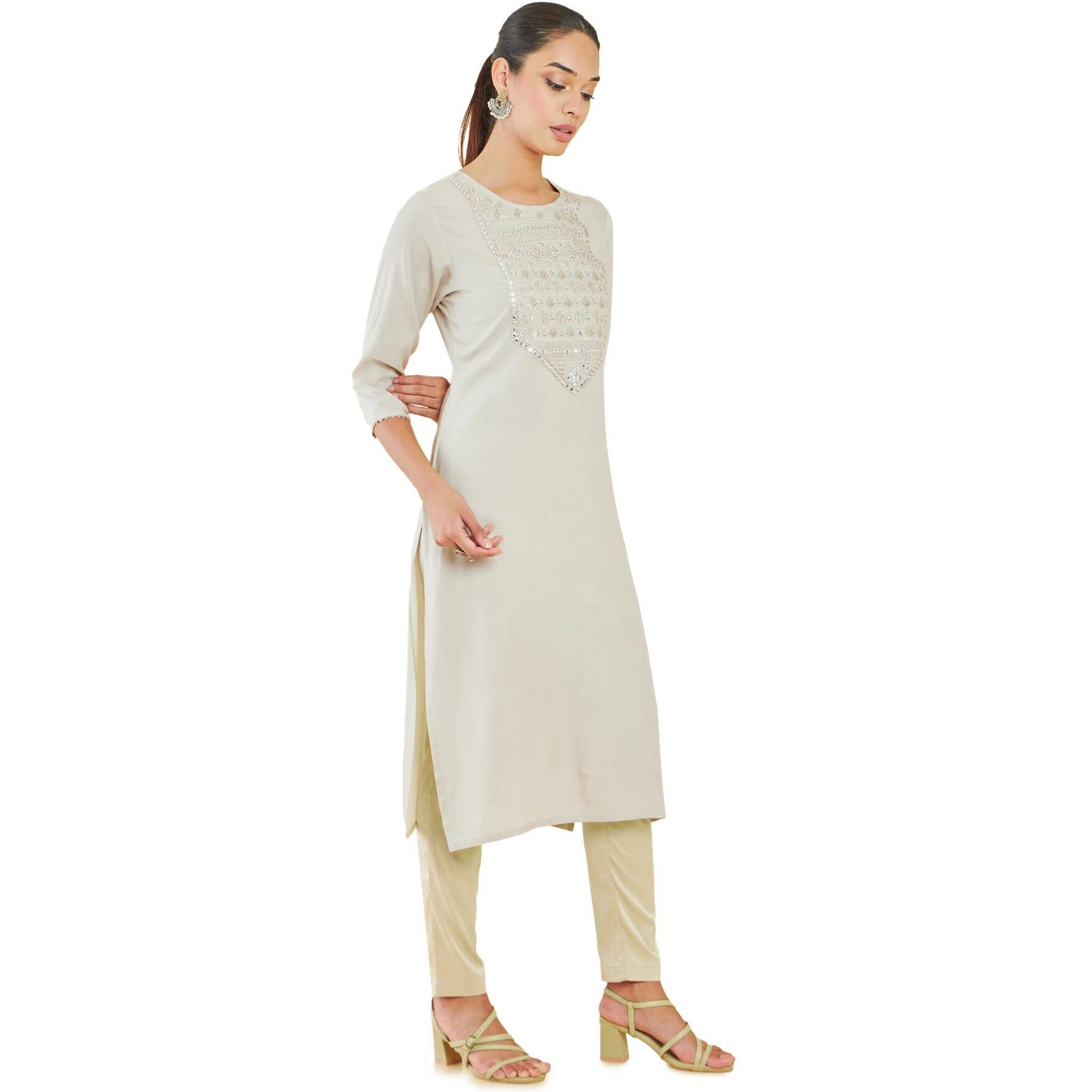 Soch Women Beige Rayon Embellished Kurta(8907715976182_Beige_Xs)