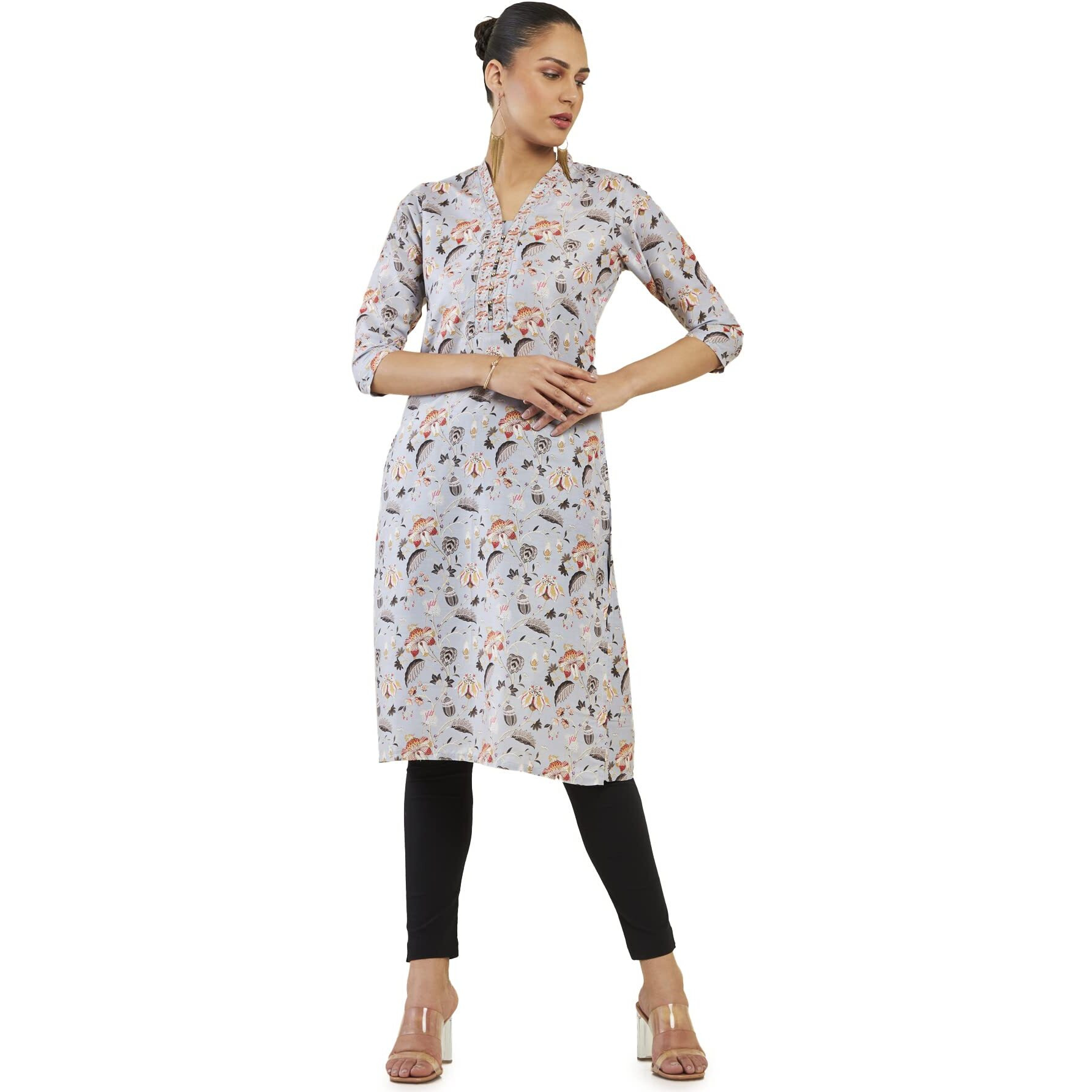 Soch Women Grey Cotton Blend Floral Kurta(8907715976571_Grey_L)