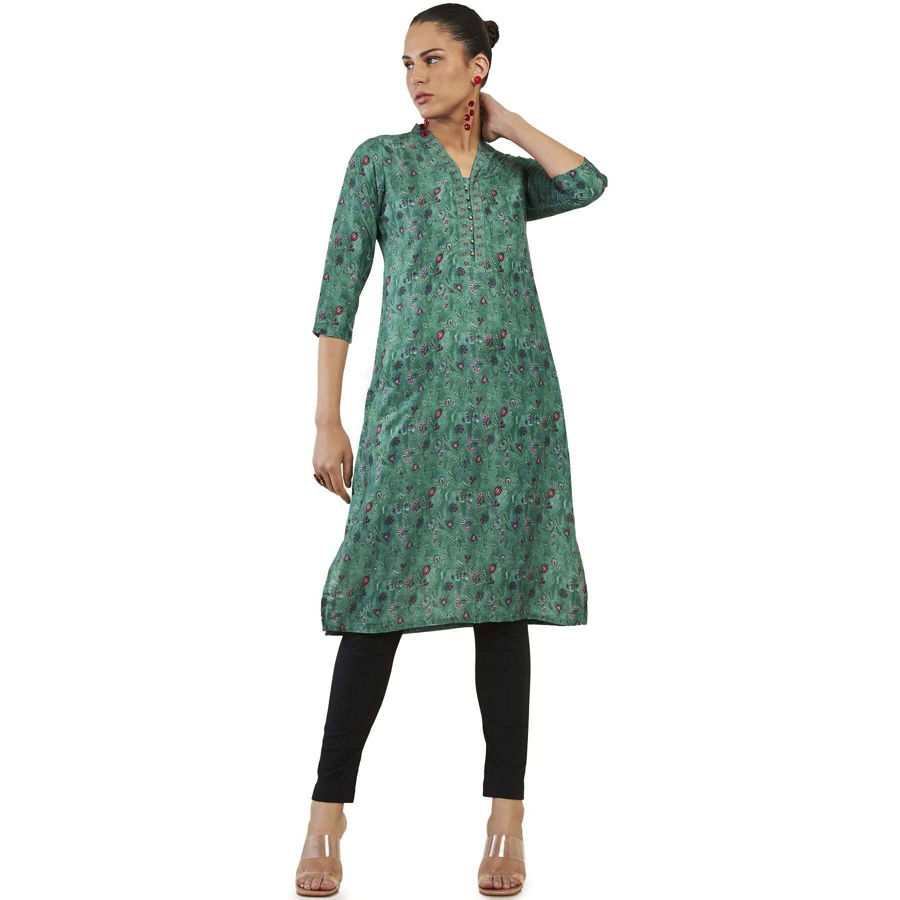 Soch Women Teal Cotton Blend Floral Kurta(8907715976960_Teal_Xs)