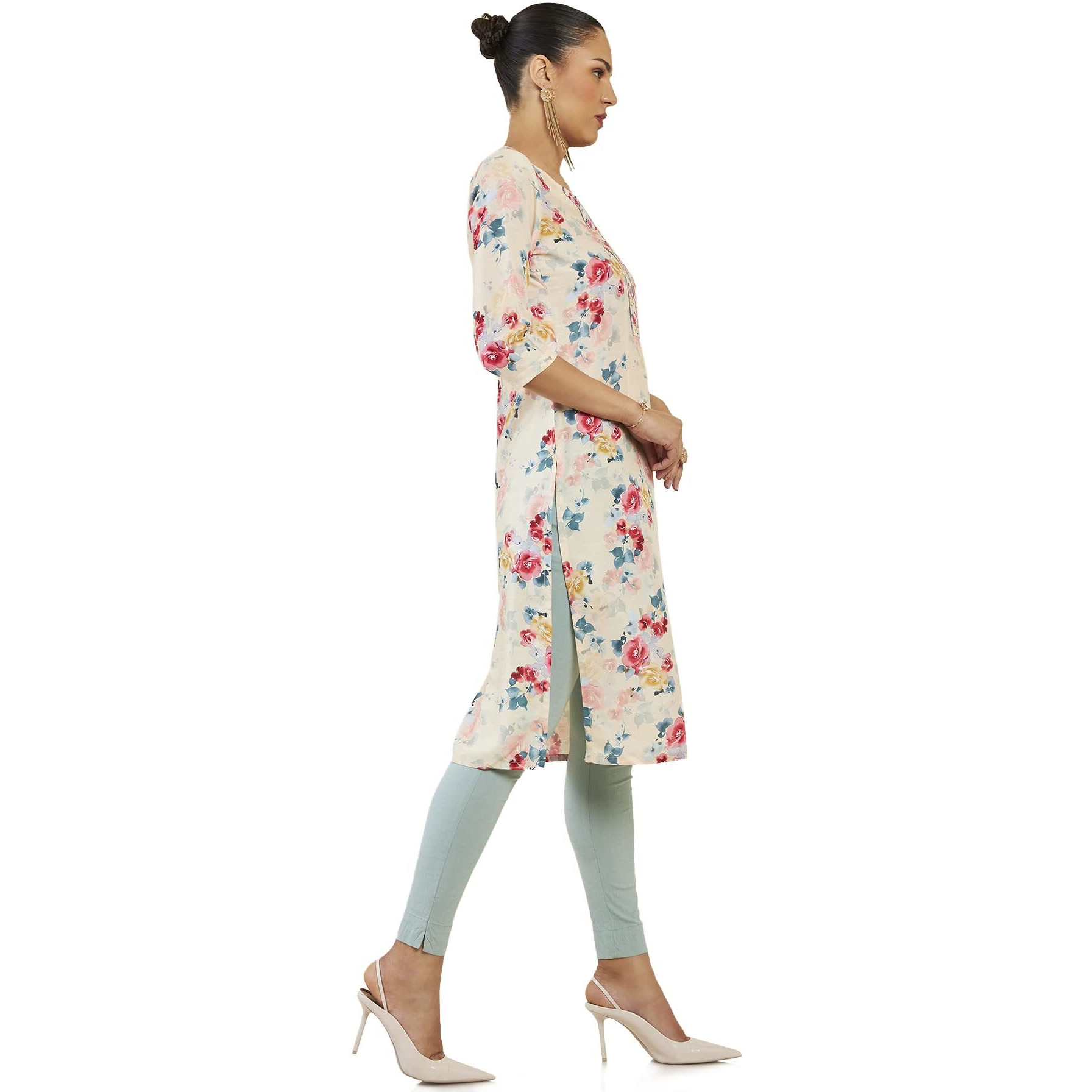 Soch Women Light Yellow Cotton Blend Floral Kurta(8907715977264_Light Yellow_Xs)