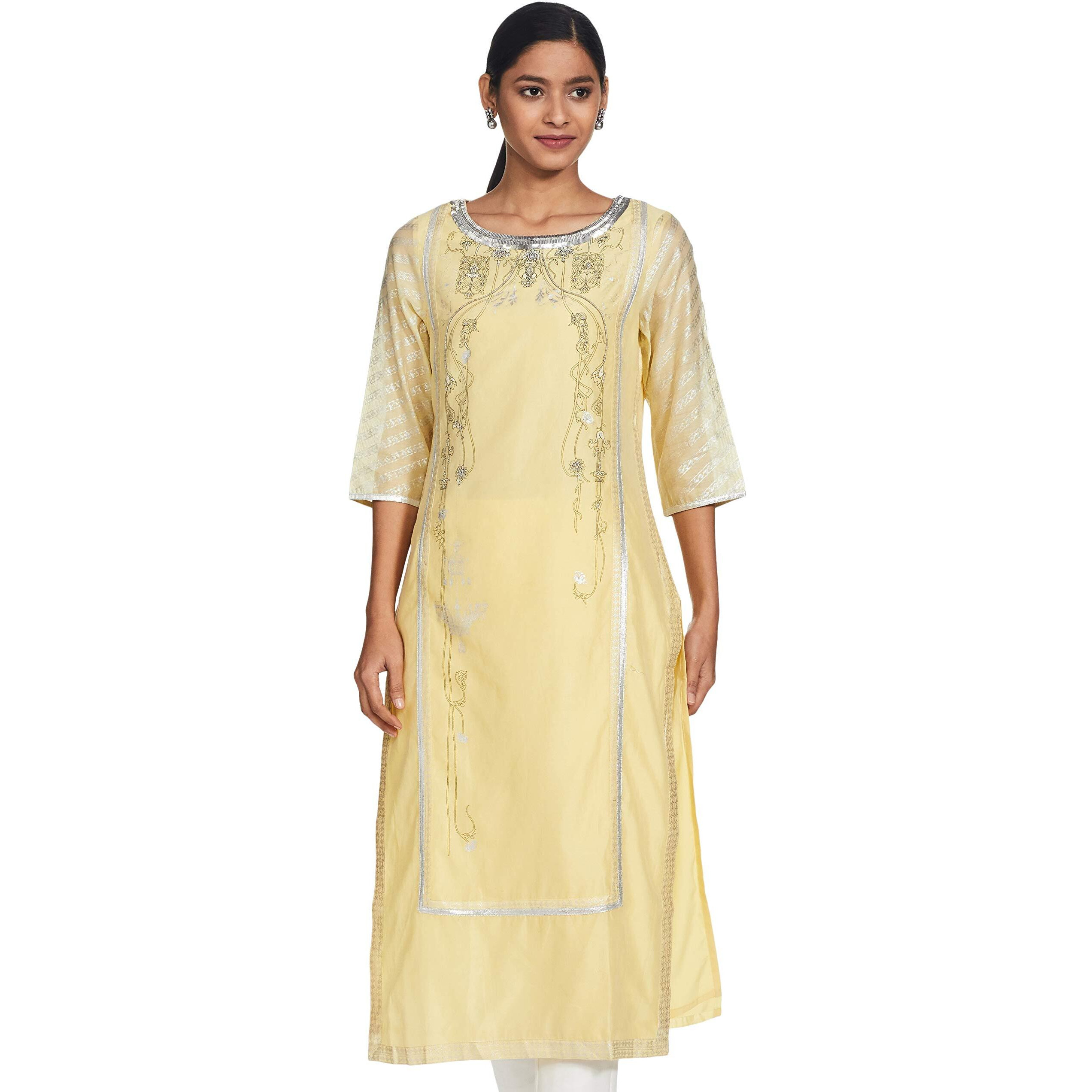 W For Woman Asymmetrical Hemline Cotton Kurta (18Fes11769-50089_Yellow_6)