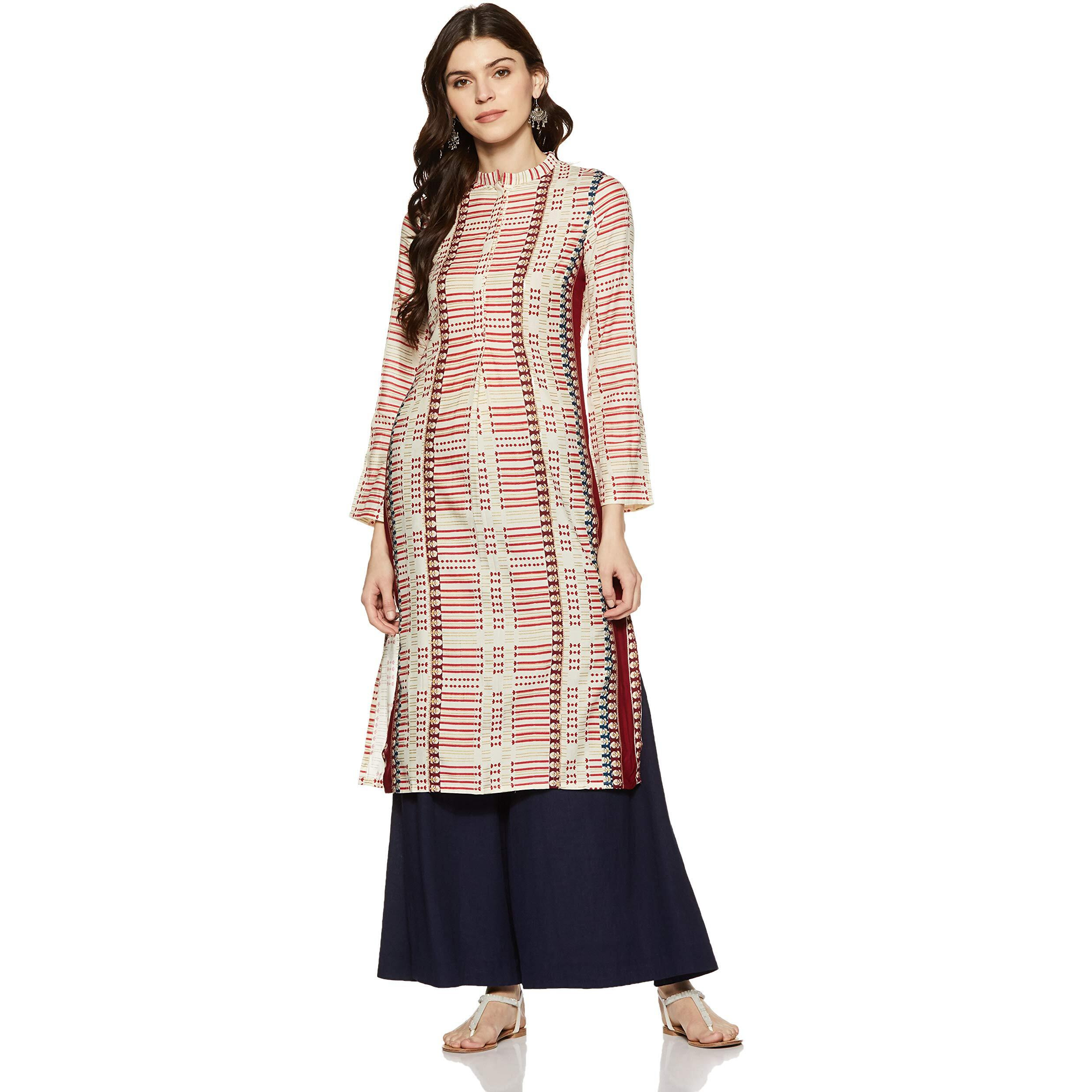 W For Woman Viscose Straight Stripe Printed Kurta In White & Red Colour | Straight Women Kurta | Geometric Printed Mandarin Collar Kurta